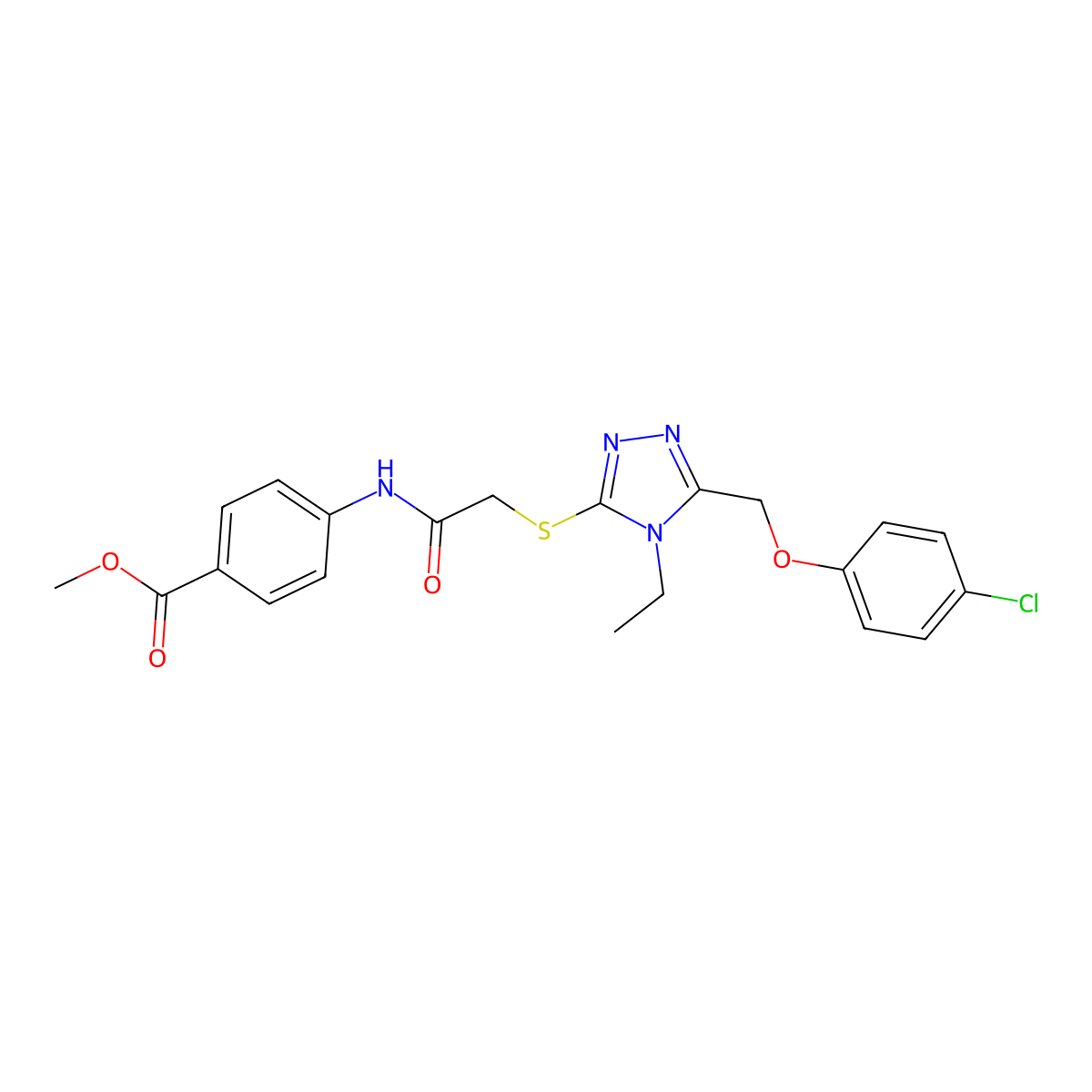 Methyl 4-(2-{5-[(4-chlorophenoxy)methyl]-4-ethyl-1,2,4-triazol-3-ylthio}acetyl amino)benzoate molecular structure, CAS 724746-54-7