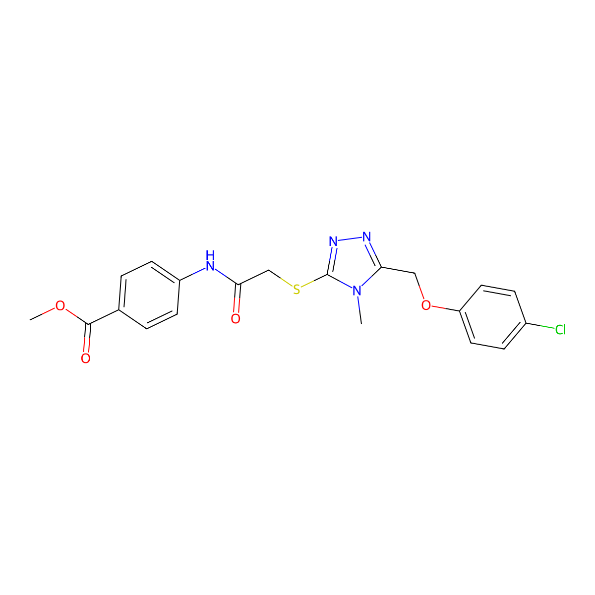 methyl 4-{[({5-[(4-chlorophenoxy)methyl]-4-methyl-4H-1,2,4-triazol-3-yl}sulfanyl)acetyl]amino}benzoate molecular structure, CAS 724746-57-0