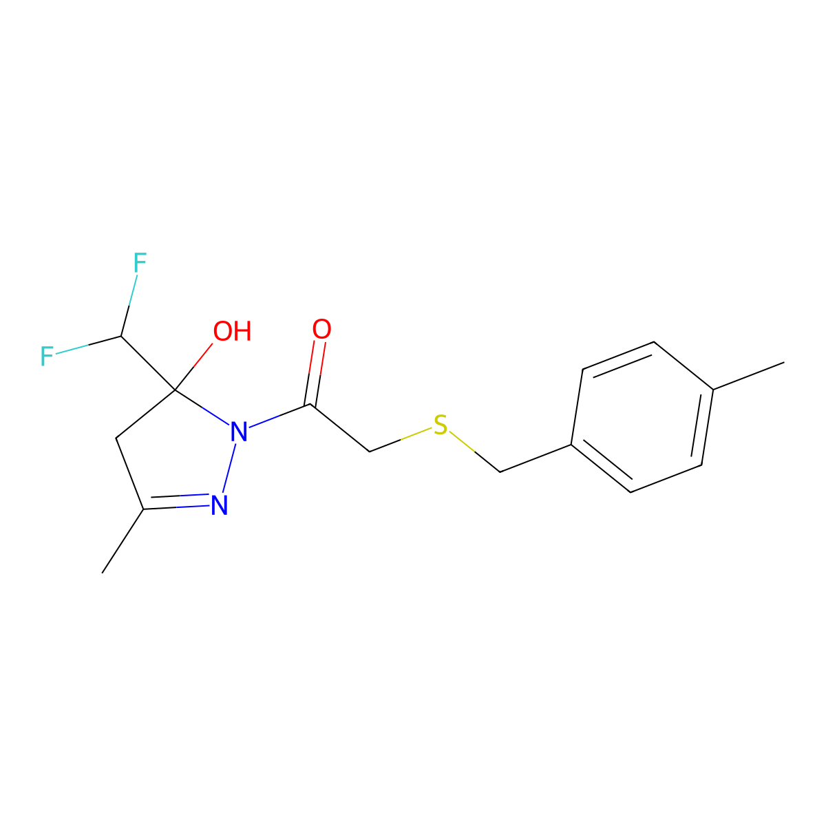 1-[5-(difluoromethyl)-5-hydroxy-3-methyl-4,5-dihydro-1H-pyrazol-1-yl]-2-[(4-methylbenzyl)sulfanyl]ethanone molecular structure, CAS 724749-27-3