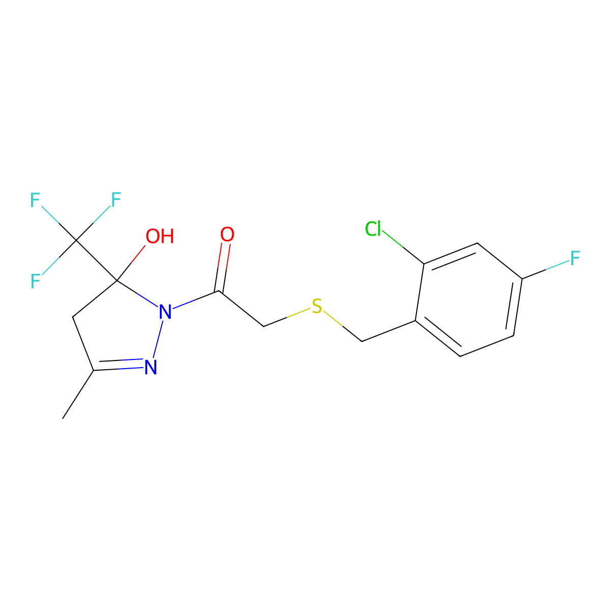 2-[(2-chloro-4-fluorobenzyl)sulfanyl]-1-[5-hydroxy-3-methyl-5-(trifluoromethyl)-4,5-dihydro-1H-pyrazol-1-yl]ethanone molecular structure, CAS 724749-28-4
