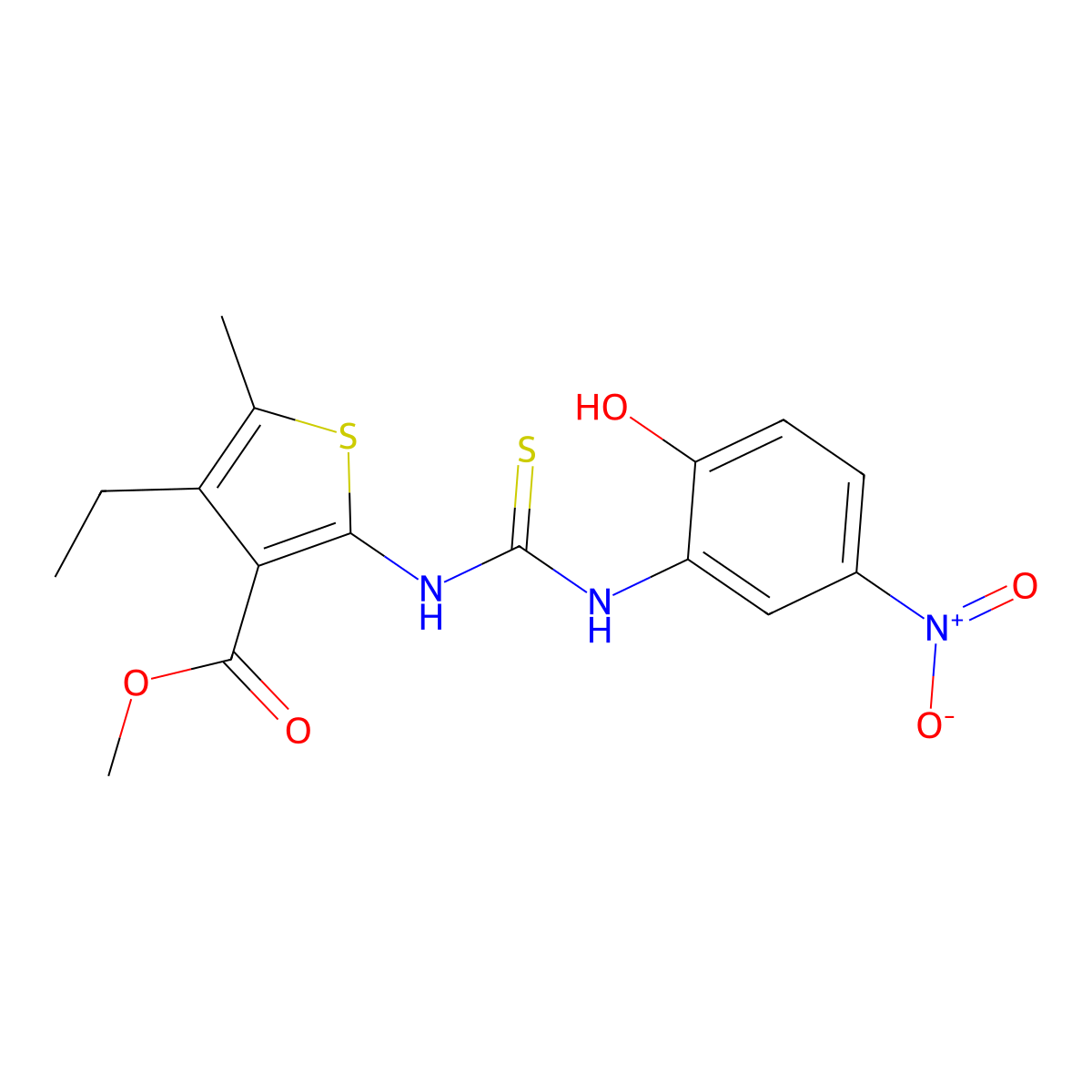 Methyl 4-ethyl-2-{[(2-hydroxy-5-nitrophenyl)carbamothioyl]amino}-5-methylthiophene-3-carboxylate molecular structure, CAS 724749-30-8