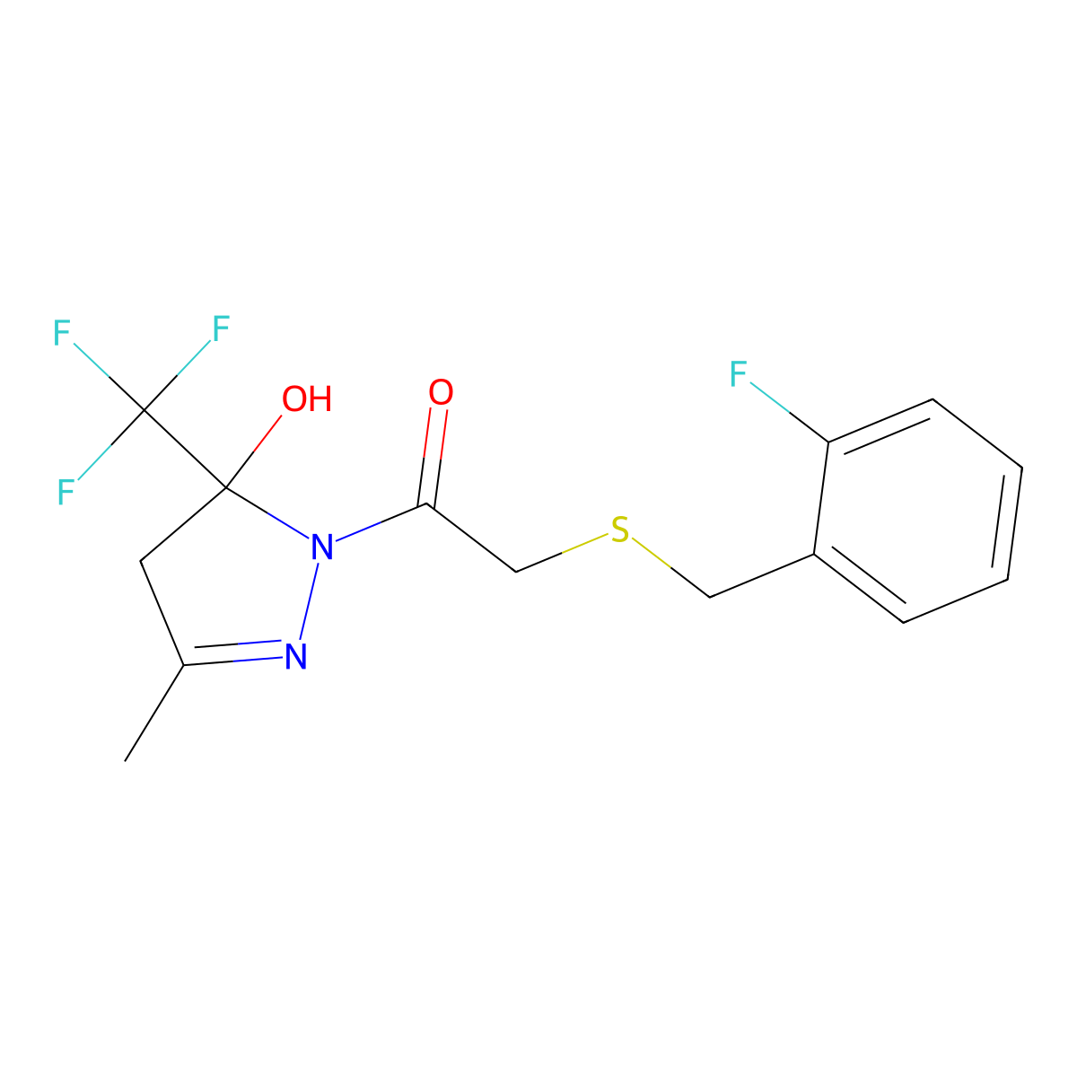 2-[(2-fluorobenzyl)sulfanyl]-1-[5-hydroxy-3-methyl-5-(trifluoromethyl)-4,5-dihydro-1H-pyrazol-1-yl]ethanone molecular structure, CAS 724749-58-0