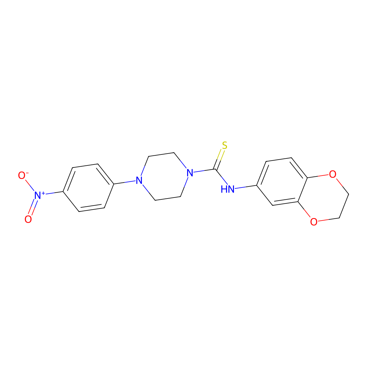 N-(2,3-dihydro-1,4-benzodioxin-6-yl)-4-(4-nitrophenyl)piperazine-1-carbothioamide molecular structure, CAS 724749-72-8
