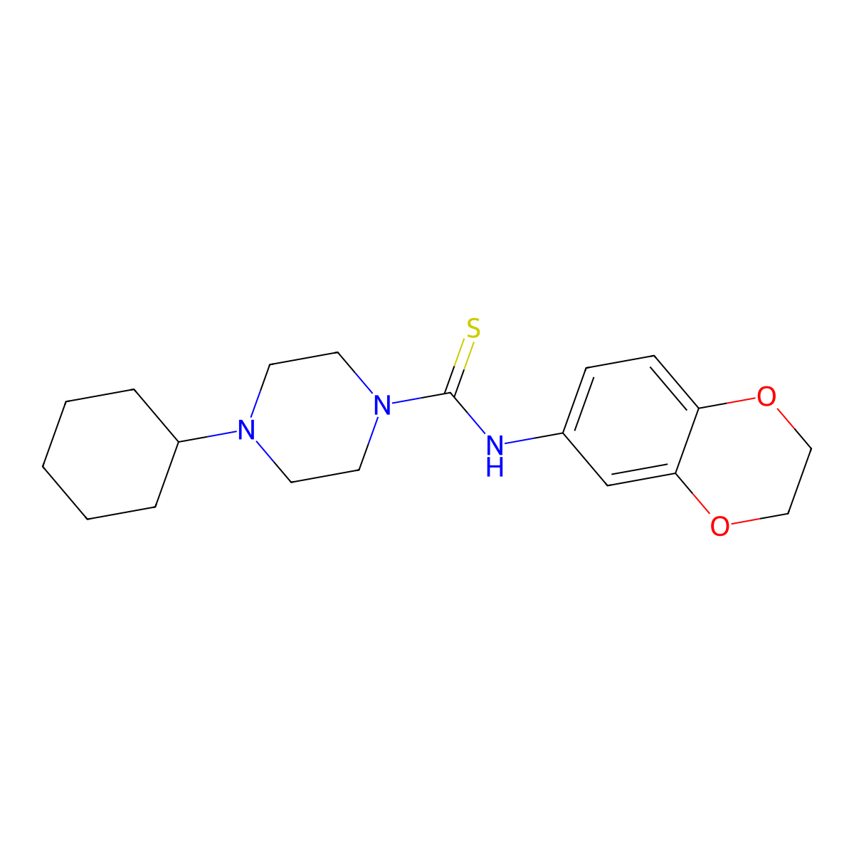 4-cyclohexyl-N-(2,3-dihydro-1,4-benzodioxin-6-yl)piperazine-1-carbothioamide molecular structure, CAS 724749-73-9