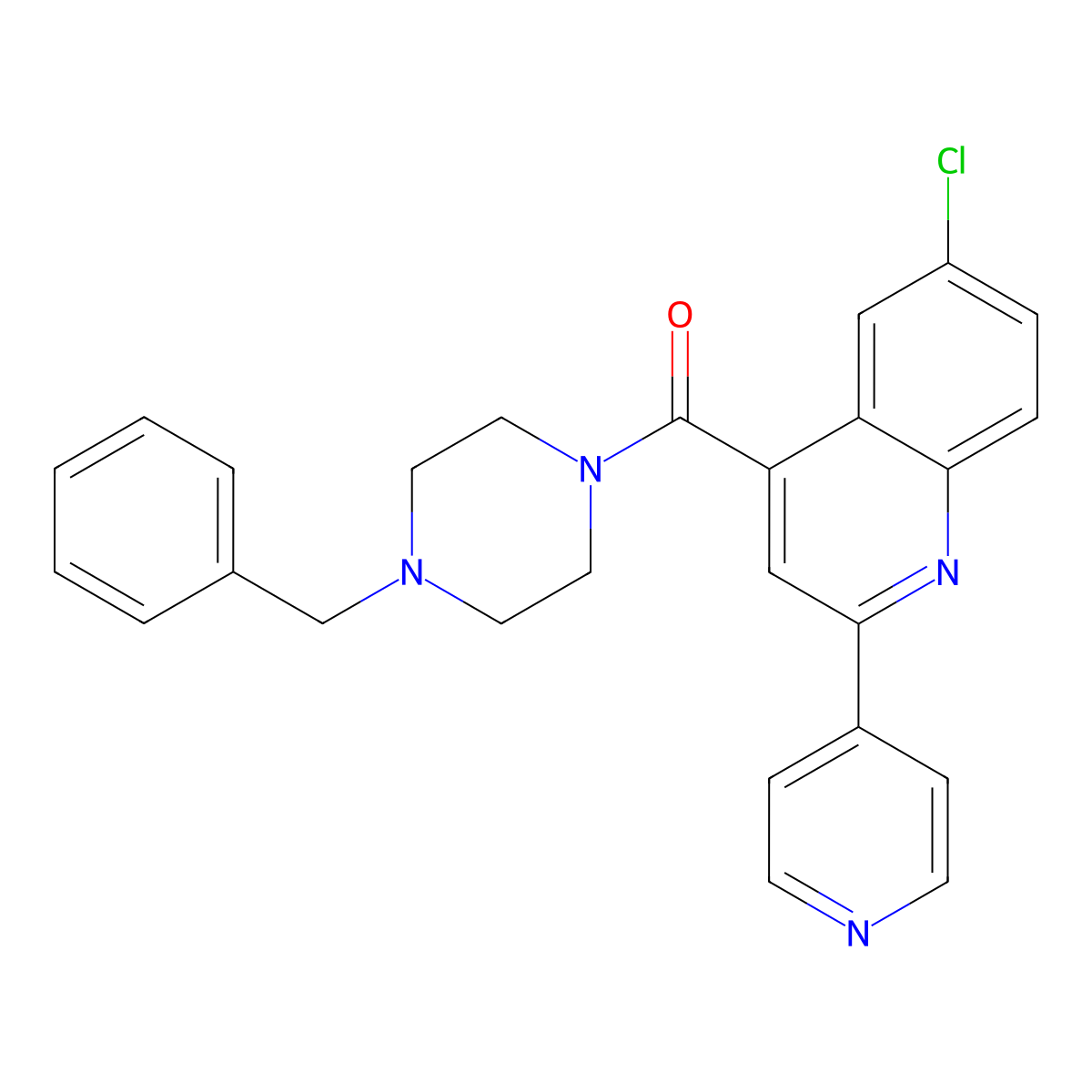 (4-Benzylpiperazin-1-yl)[6-chloro-2-(pyridin-4-yl)quinolin-4-yl]methanone molecular structure, CAS 724750-07-6