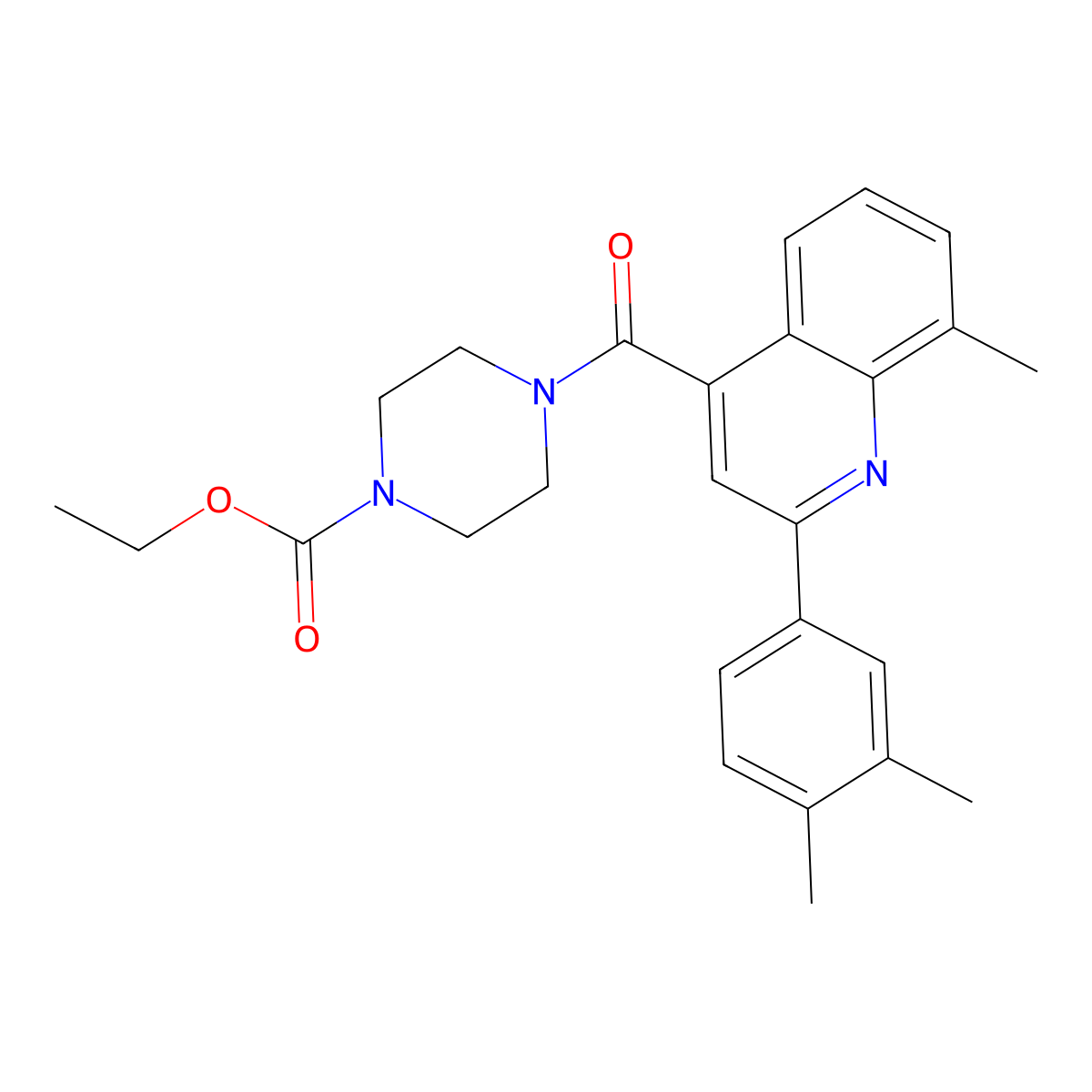 Ethyl 4-{[2-(3,4-dimethylphenyl)-8-methylquinolin-4-yl]carbonyl}piperazine-1-carboxylate molecular structure, CAS 724750-15-6