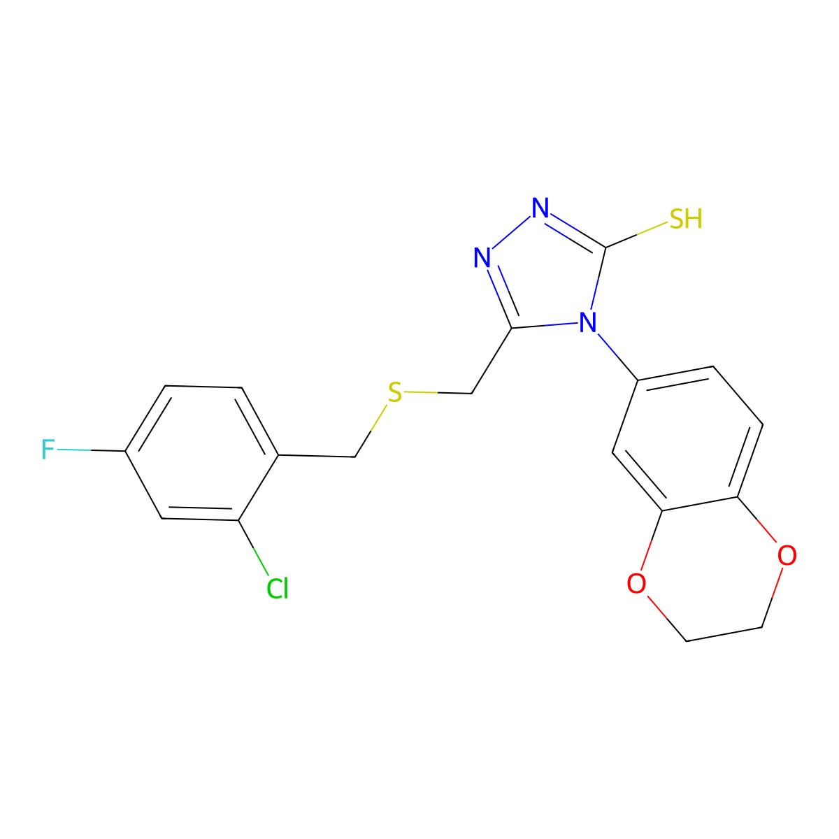 5-{[(2-chloro-4-fluorobenzyl)sulfanyl]methyl}-4-(2,3-dihydro-1,4-benzodioxin-6-yl)-4H-1,2,4-triazole-3-thiol molecular structure, CAS 724750-23-6