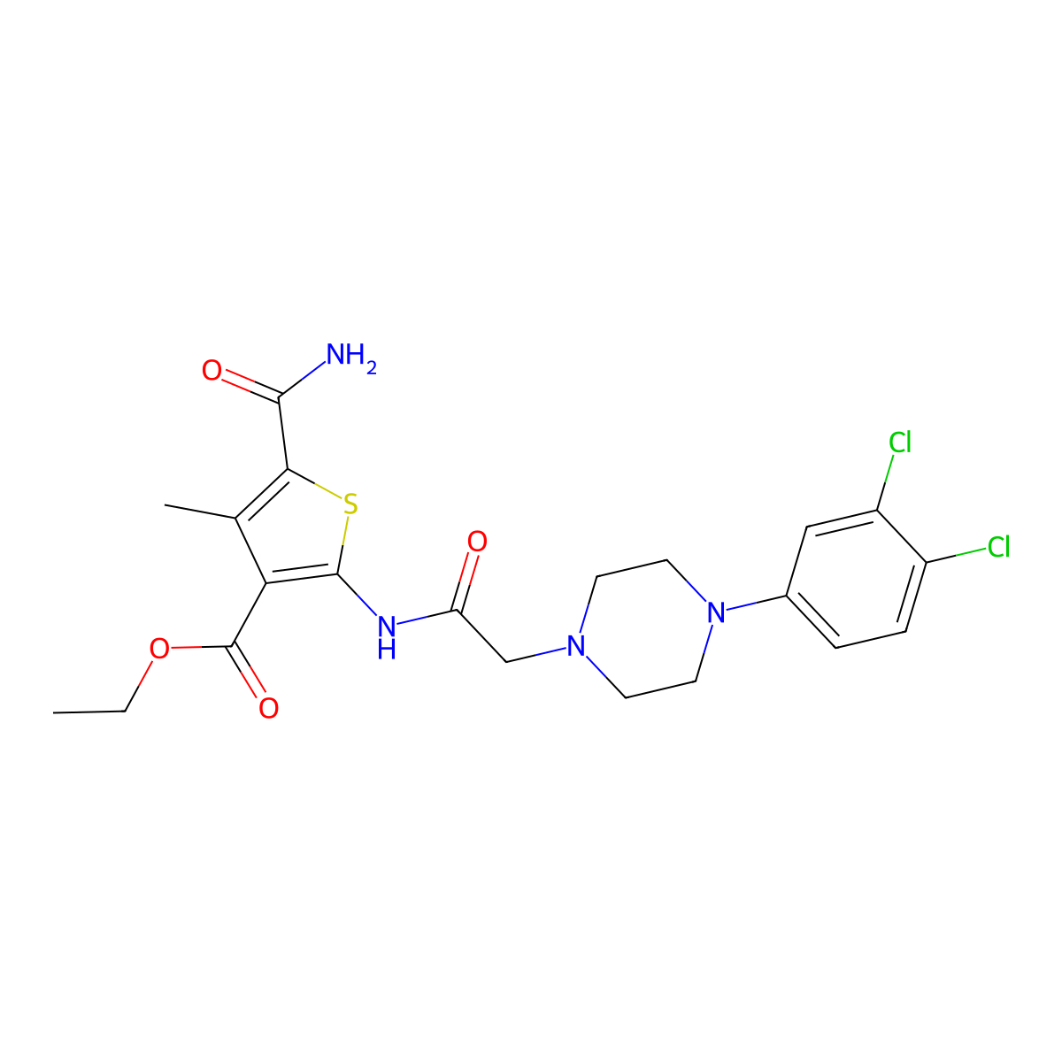Ethyl 5-carbamoyl-2-({[4-(3,4-dichlorophenyl)piperazin-1-yl]acetyl}amino)-4-methylthiophene-3-carboxylate molecular structure, CAS 724754-15-8
