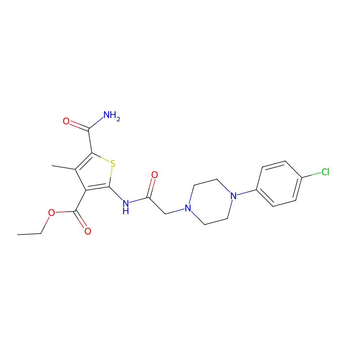 Ethyl 5-carbamoyl-2-({[4-(4-chlorophenyl)piperazin-1-yl]acetyl}amino)-4-methylthiophene-3-carboxylate molecular structure, CAS 724754-19-2