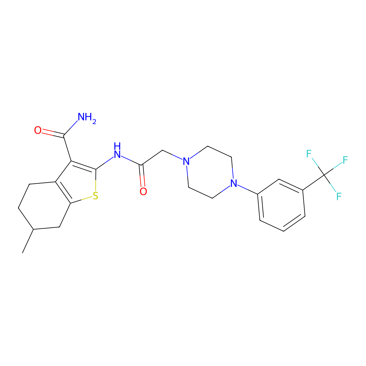 6-Methyl-2-[({4-[3-(trifluoromethyl)phenyl]piperazin-1-yl}acetyl)amino]-4,5,6,7-tetrahydro-1-benzothiophene-3-carboxamide molecular structure, CAS 724754-35-2