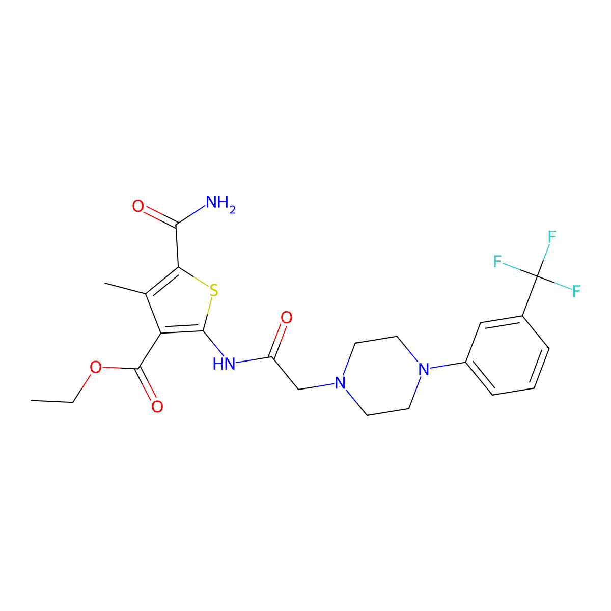 Ethyl 5-carbamoyl-4-methyl-2-[({4-[3-(trifluoromethyl)phenyl]piperazin-1-yl}acetyl)amino]thiophene-3-carboxylate molecular structure, CAS 724754-41-0