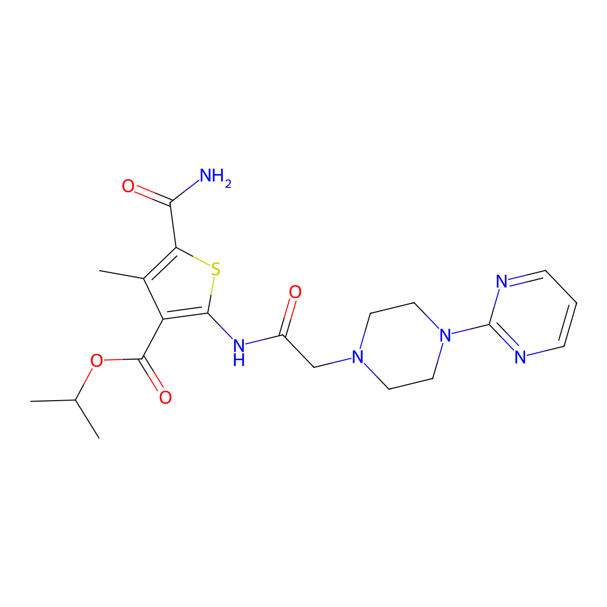 Methylethyl 5-carbamoyl-4-methyl-2-[2-(4-pyrimidin-2-ylpiperazinyl)acetylamino]thiophene-3-carboxylate molecular structure, CAS 724754-57-8
