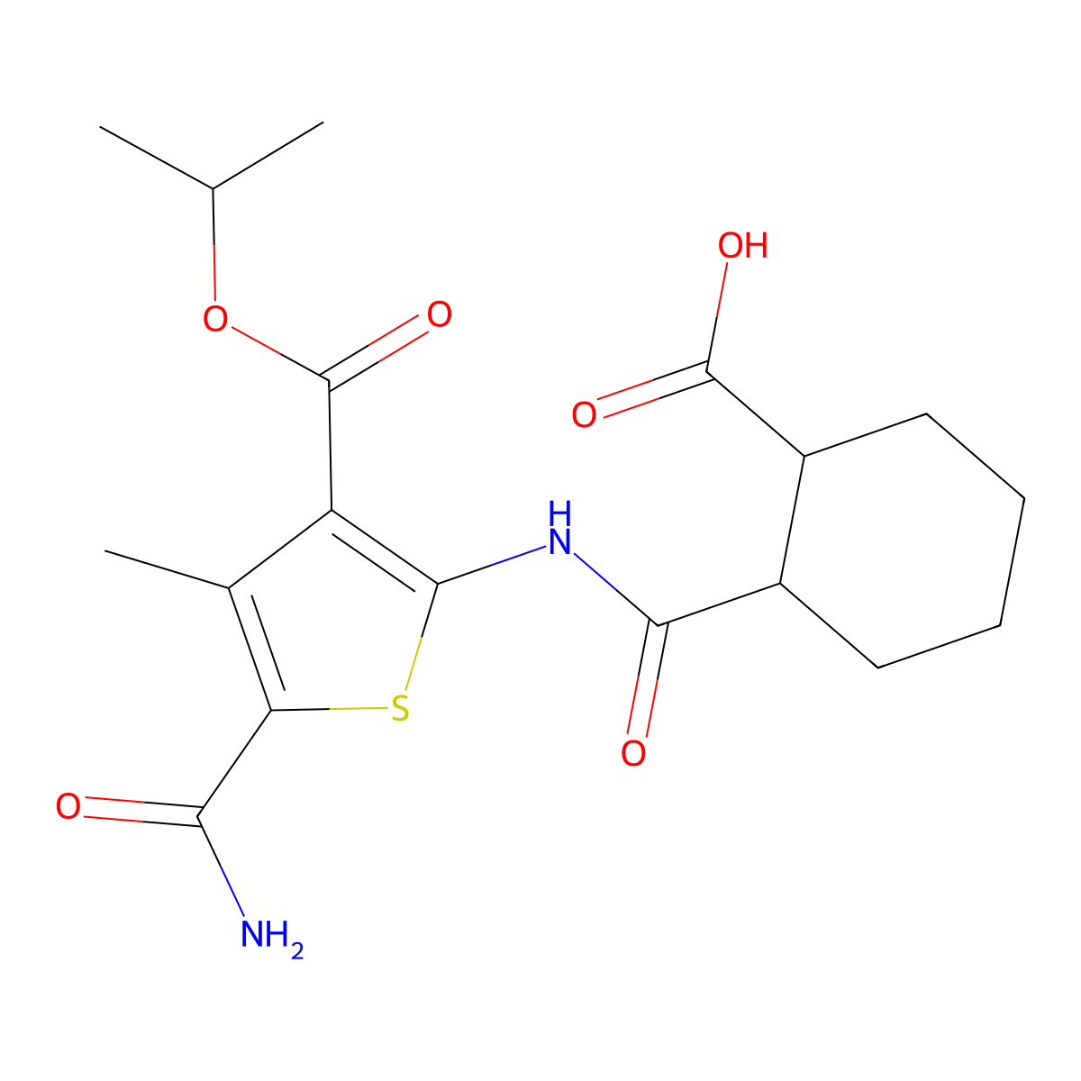 2-({5-Carbamoyl-4-methyl-3-[(propan-2-yloxy)carbonyl]thiophen-2-yl}carbamoyl)cyclohexanecarboxylic acid molecular structure, CAS 724758-17-2