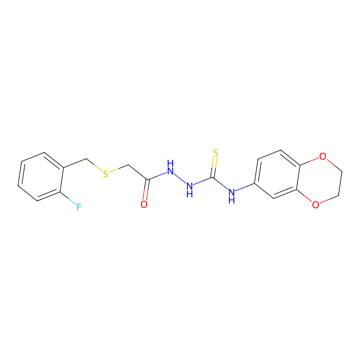 N-(2,3-dihydro-1,4-benzodioxin-6-yl)-2-{[(2-fluorobenzyl)sulfanyl]acetyl}hydrazinecarbothioamide molecular structure, CAS 724758-82-1