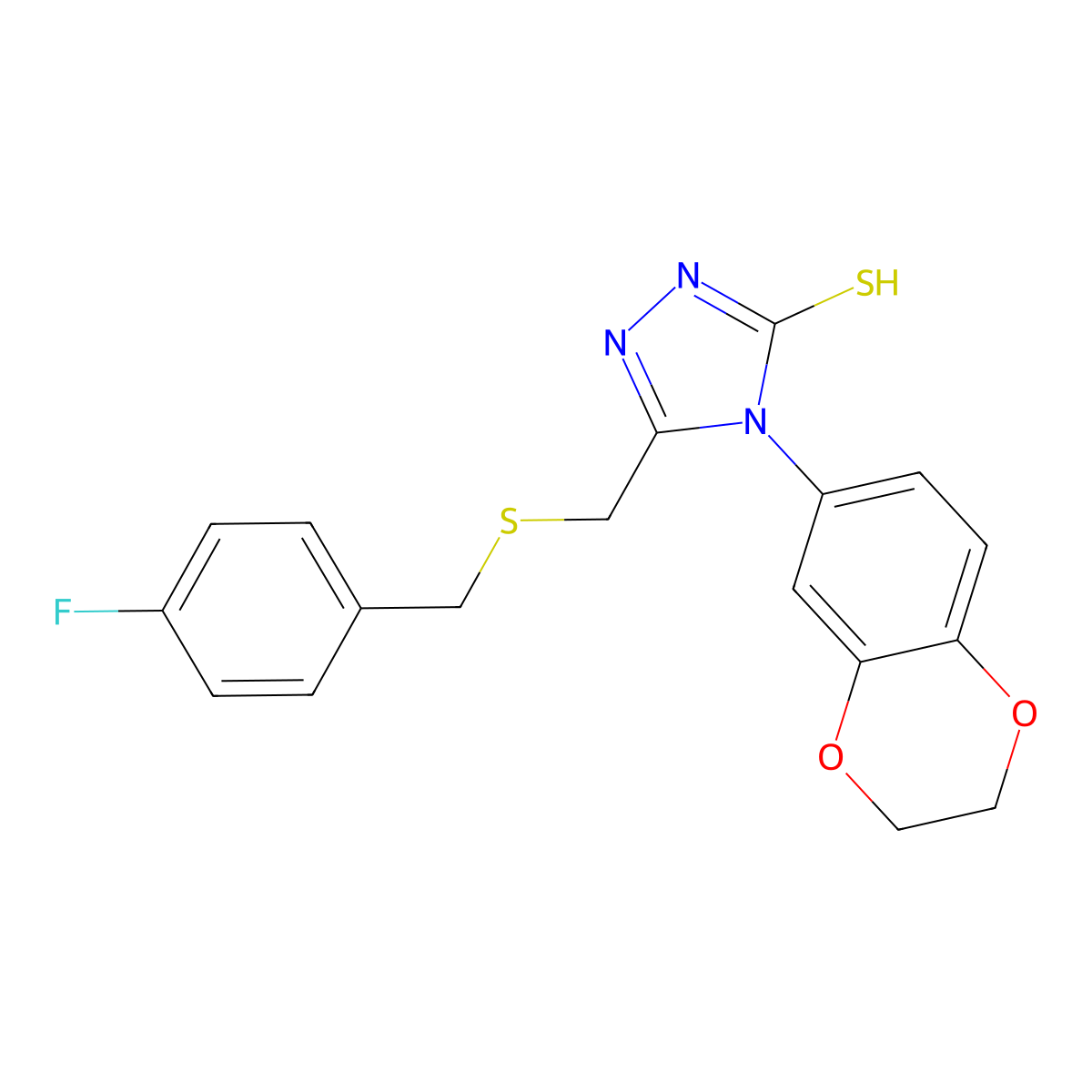 4-(2,3-dihydro-1,4-benzodioxin-6-yl)-5-{[(4-fluorobenzyl)sulfanyl]methyl}-4H-1,2,4-triazole-3-thiol molecular structure, CAS 724759-43-7