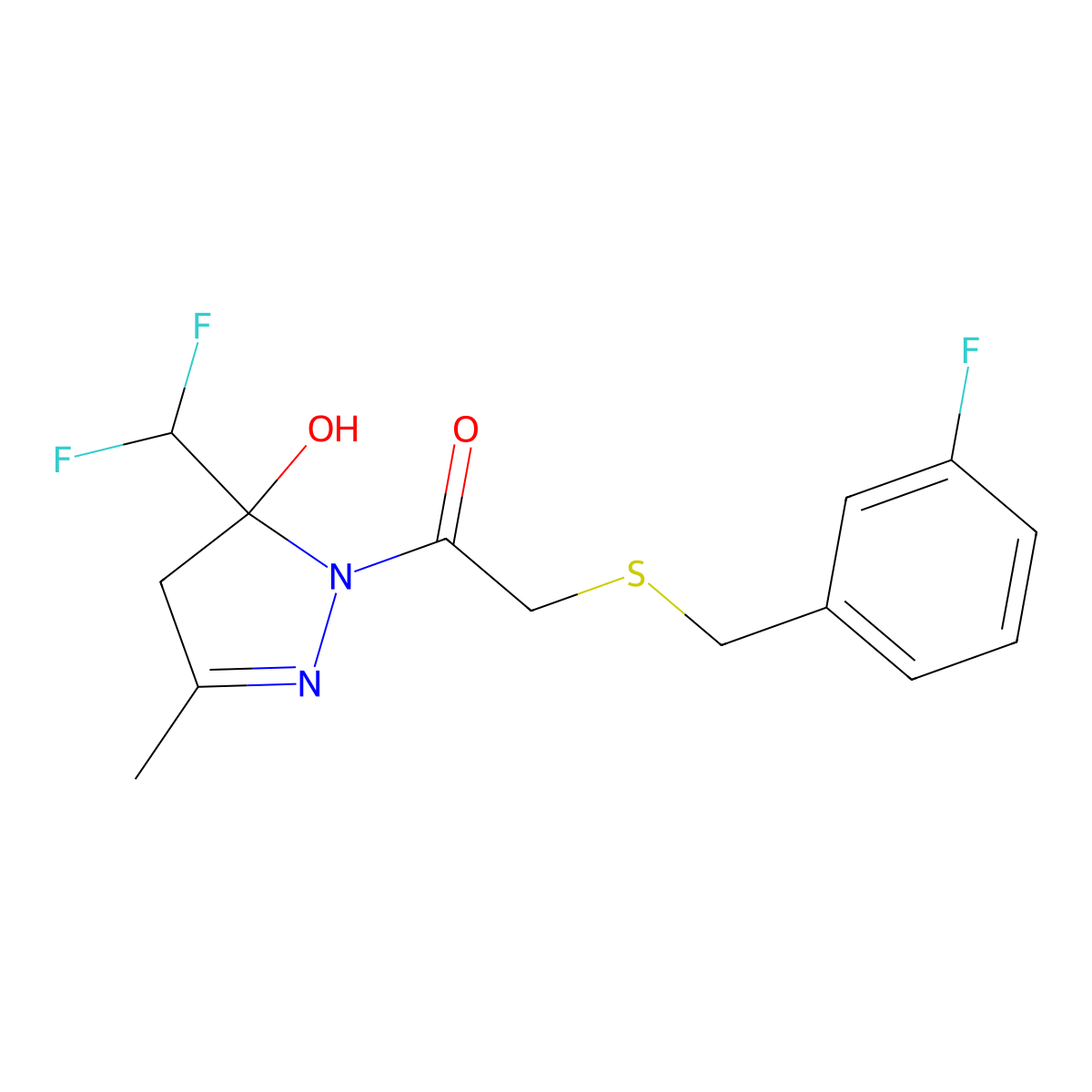 1-[5-(difluoromethyl)-5-hydroxy-3-methyl-4,5-dihydro-1H-pyrazol-1-yl]-2-[(3-fluorobenzyl)sulfanyl]ethanone molecular structure, CAS 724759-83-5