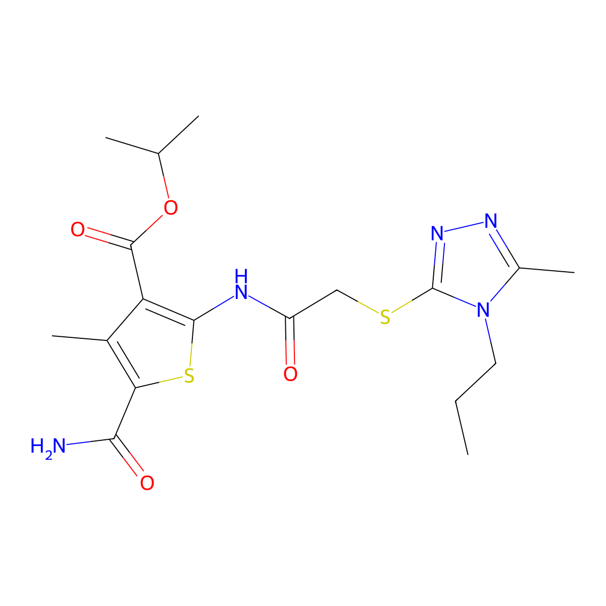 propan-2-yl 5-carbamoyl-4-methyl-2-({[(5-methyl-4-propyl-4H-1,2,4-triazol-3-yl)sulfanyl]acetyl}amino)thiophene-3-carboxylate molecular structure, CAS 724760-11-6