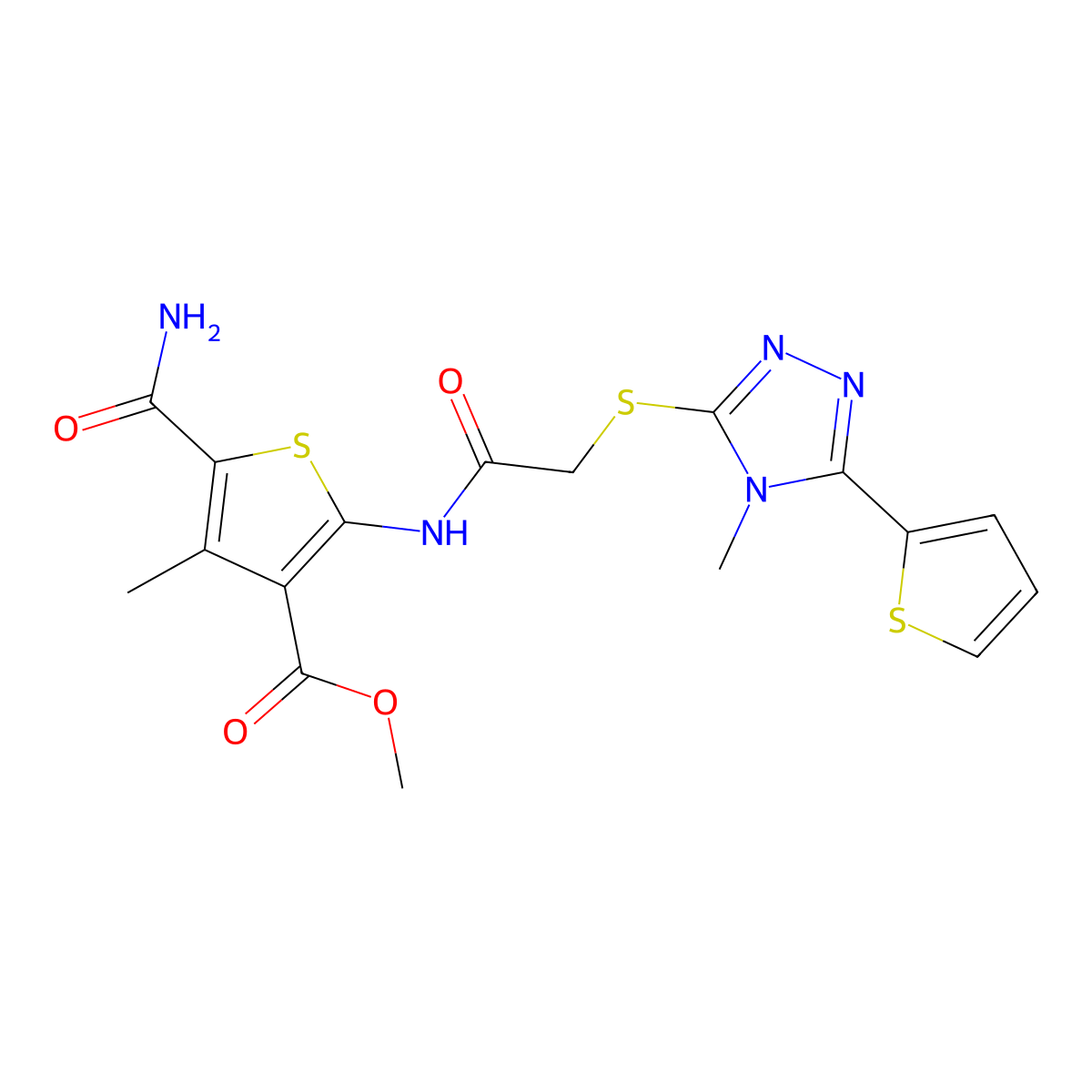 methyl 5-carbamoyl-4-methyl-2-[({[4-methyl-5-(thiophen-2-yl)-4H-1,2,4-triazol-3-yl]sulfanyl}acetyl)amino]thiophene-3-carboxylate molecular structure, CAS 724760-16-1