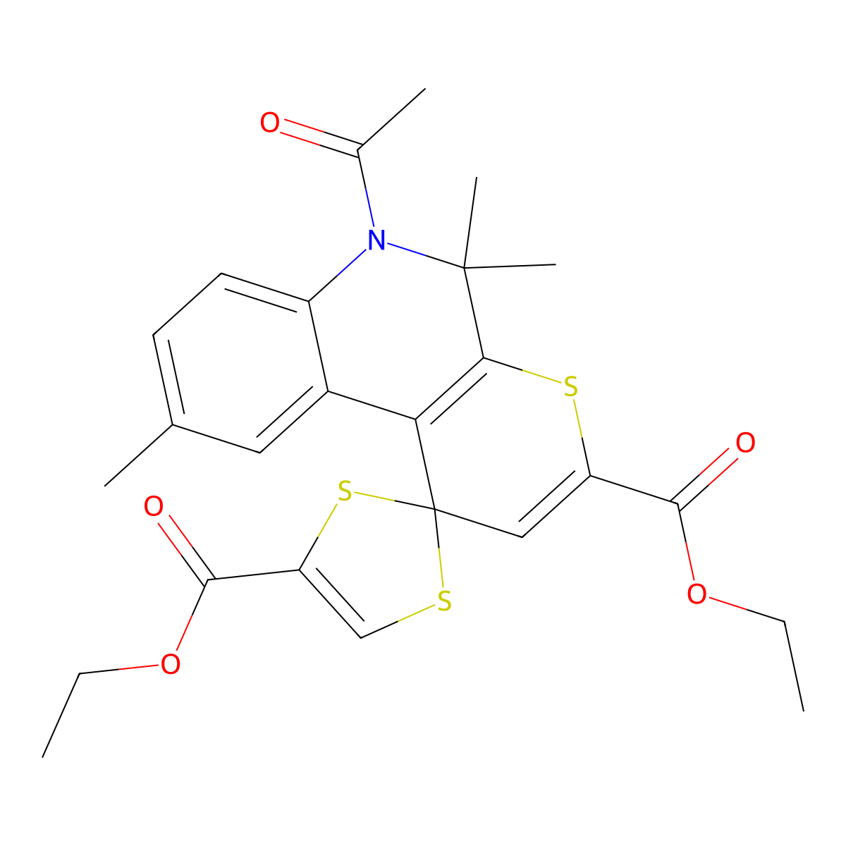 Diethyl 6'-acetyl-5',5',9'-trimethyl-5',6'-dihydrospiro[1,3-dithiole-2,1'-thiopyrano[2,3-c]quinoline]-3',4-dicarboxylate molecular structure, CAS 724778-87-4