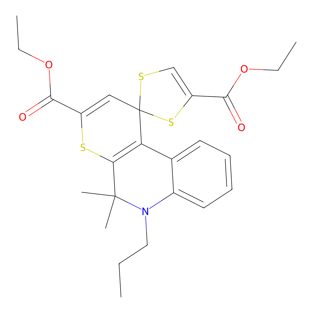 Diethyl 5',5'-dimethyl-6'-propyl-5',6'-dihydrospiro[1,3-dithiole-2,1'-thiopyrano[2,3-c]quinoline]-3',4-dicarboxylate molecular structure, CAS 724778-88-5