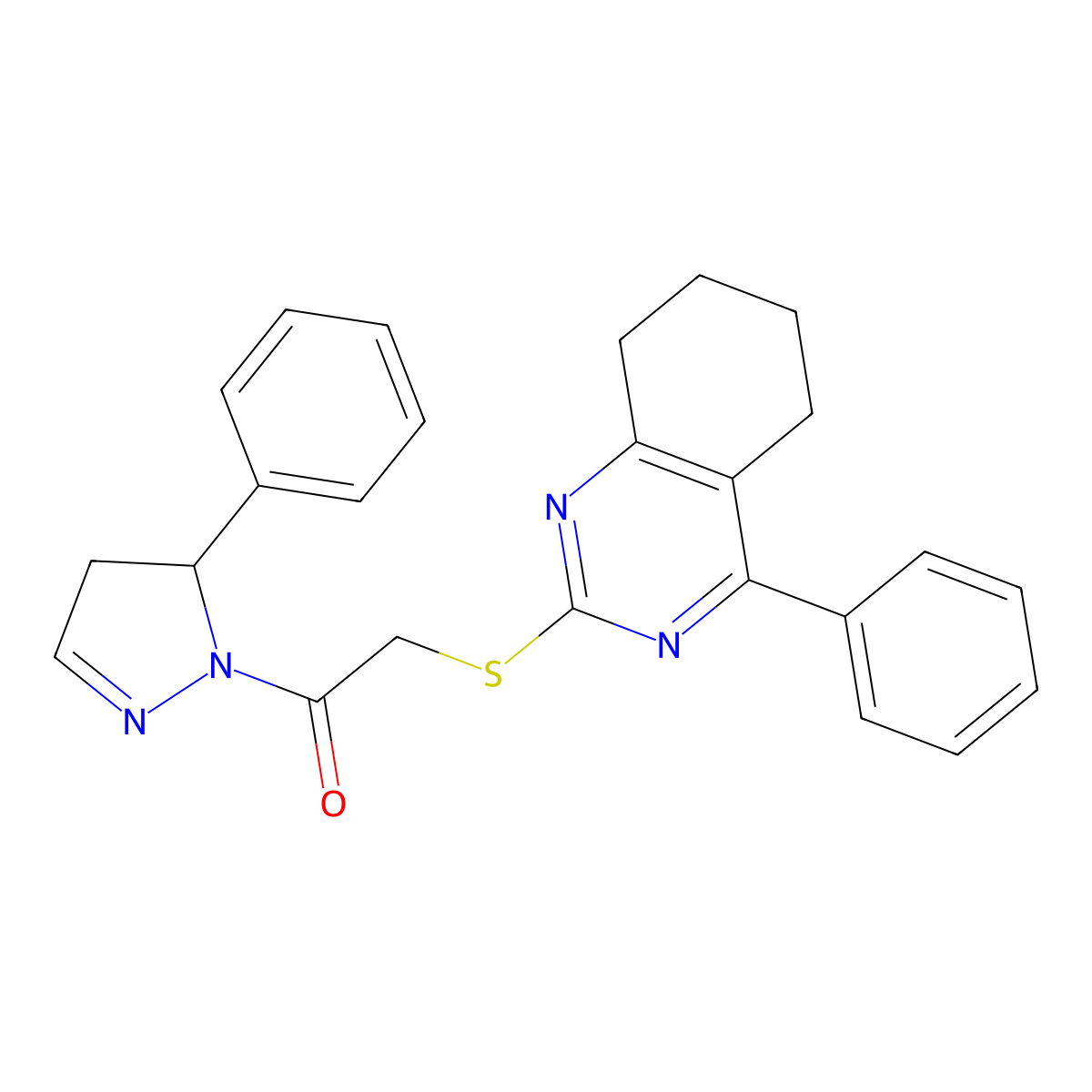 1-(5-phenyl-4,5-dihydro-1H-pyrazol-1-yl)-2-[(4-phenyl-5,6,7,8-tetrahydroquinazolin-2-yl)sulfanyl]ethanone molecular structure, CAS 724778-90-9