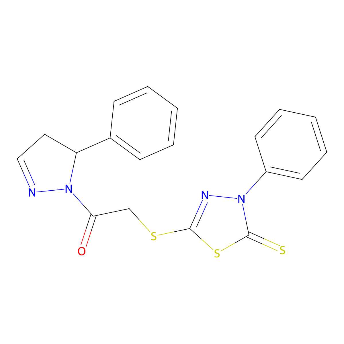 1-(5-phenyl-4,5-dihydro-1H-pyrazol-1-yl)-2-[(4-phenyl-5-thioxo-4,5-dihydro-1,3,4-thiadiazol-2-yl)sulfanyl]ethanone molecular structure, CAS 724778-92-1