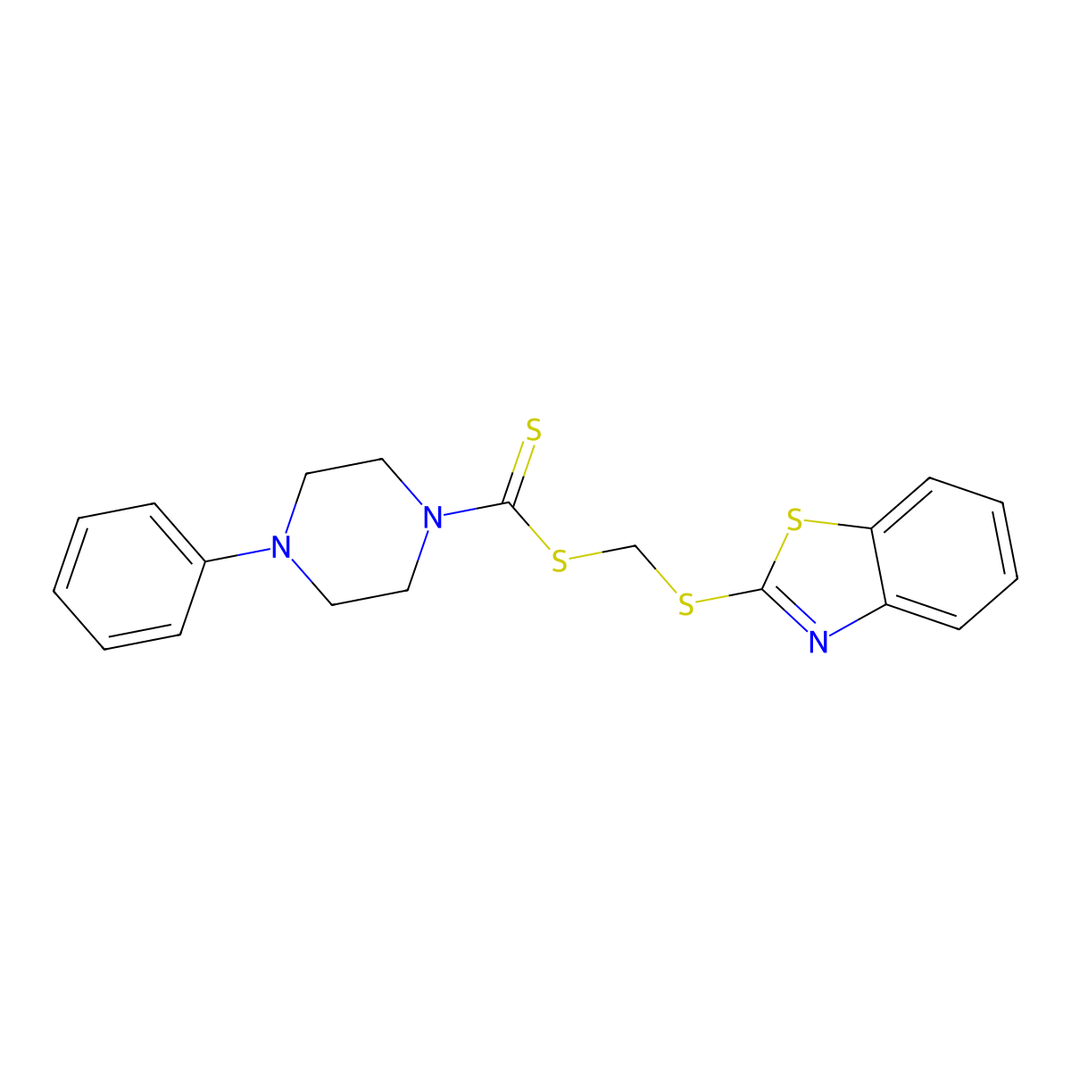(1,3-Benzothiazol-2-ylsulfanyl)methyl 4-phenylpiperazine-1-carbodithioate molecular structure, CAS 724779-37-7