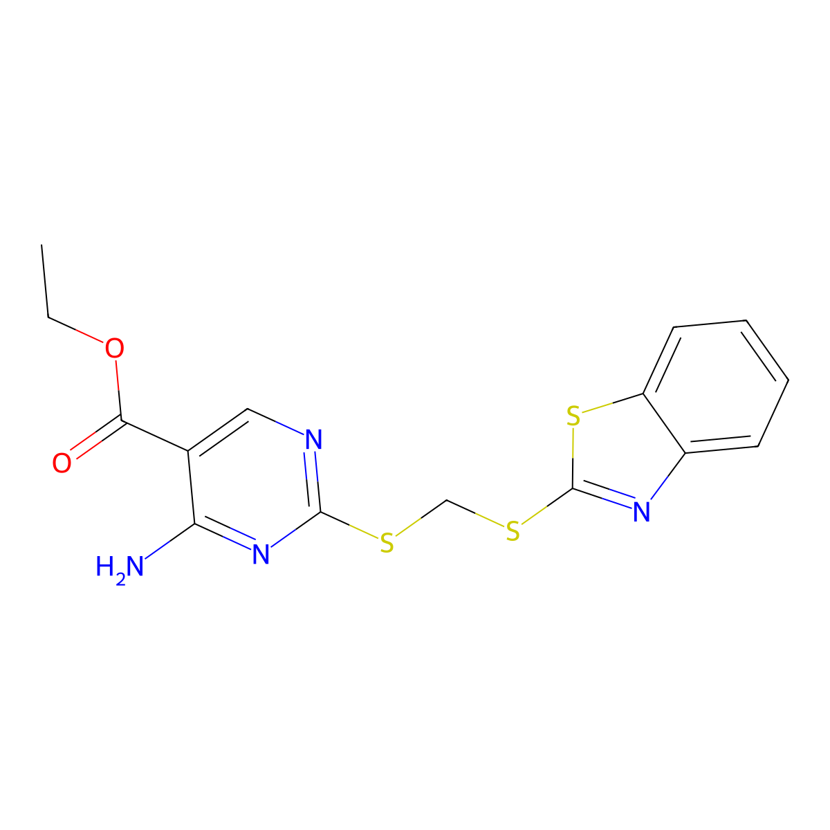 Ethyl 4-amino-2-(benzothiazol-2-ylthiomethylthio)pyrimidine-5-carboxylate molecular structure, CAS 724779-41-3