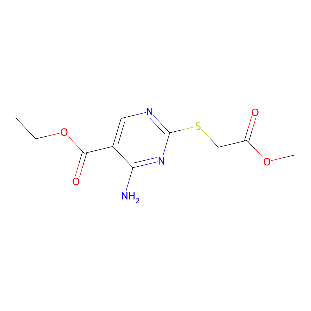 Methyl 2-[4-amino-5-(ethoxycarbonyl)pyrimidin-2-ylthio]acetate molecular structure, CAS 724779-57-1