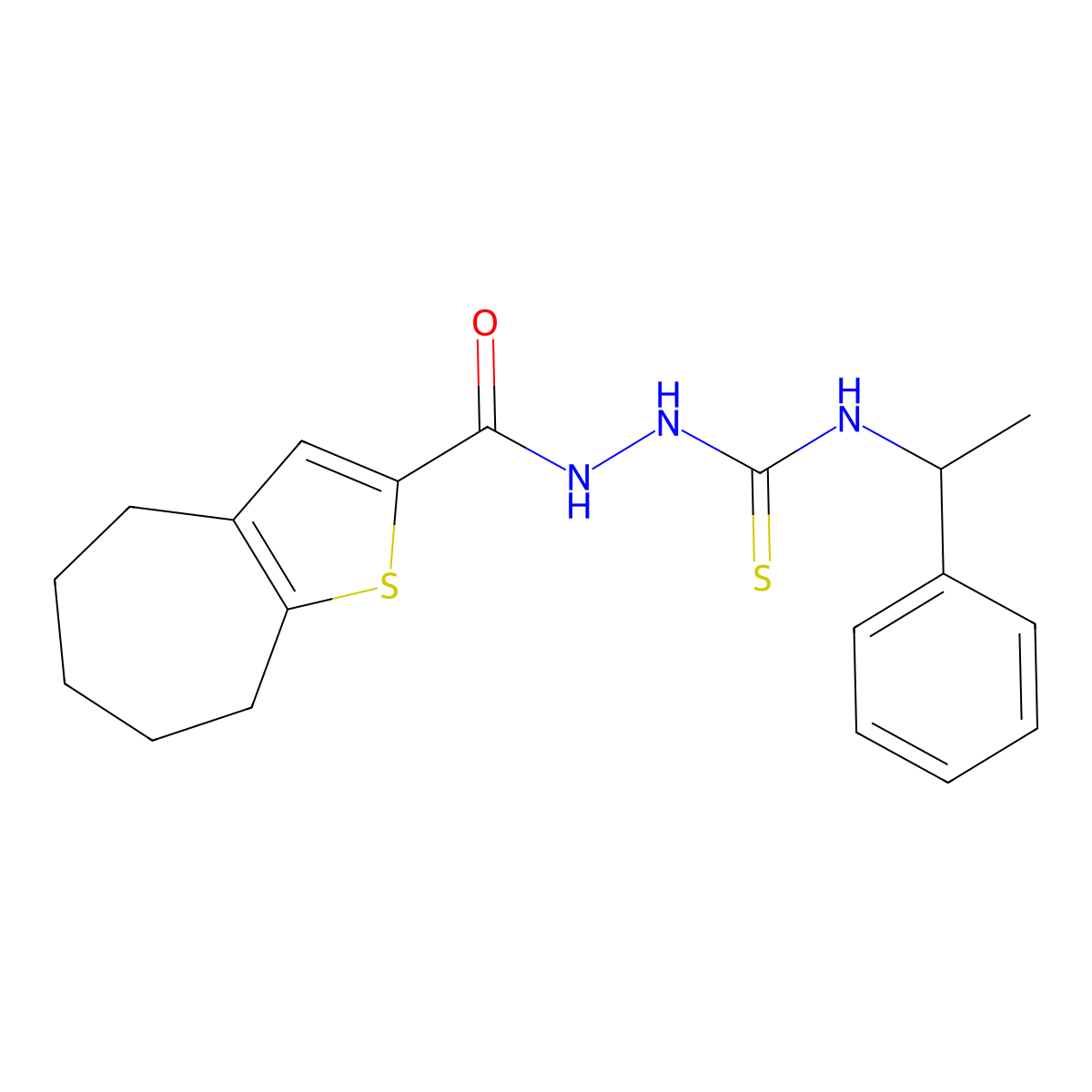 N-(1-phenylethyl)-2-(5,6,7,8-tetrahydro-4H-cyclohepta[b]thiophen-2-ylcarbonyl)hydrazinecarbothioamide molecular structure, CAS 724781-86-6