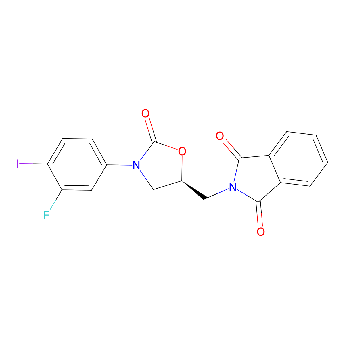 1H-Isoindole-1,3(2H)-dione, 2-[[(5S)-3-(3-fluoro-4-iodophenyl)-2-oxo-5-oxazolidinyl]methyl]- molecular structure, CAS 724793-80-0