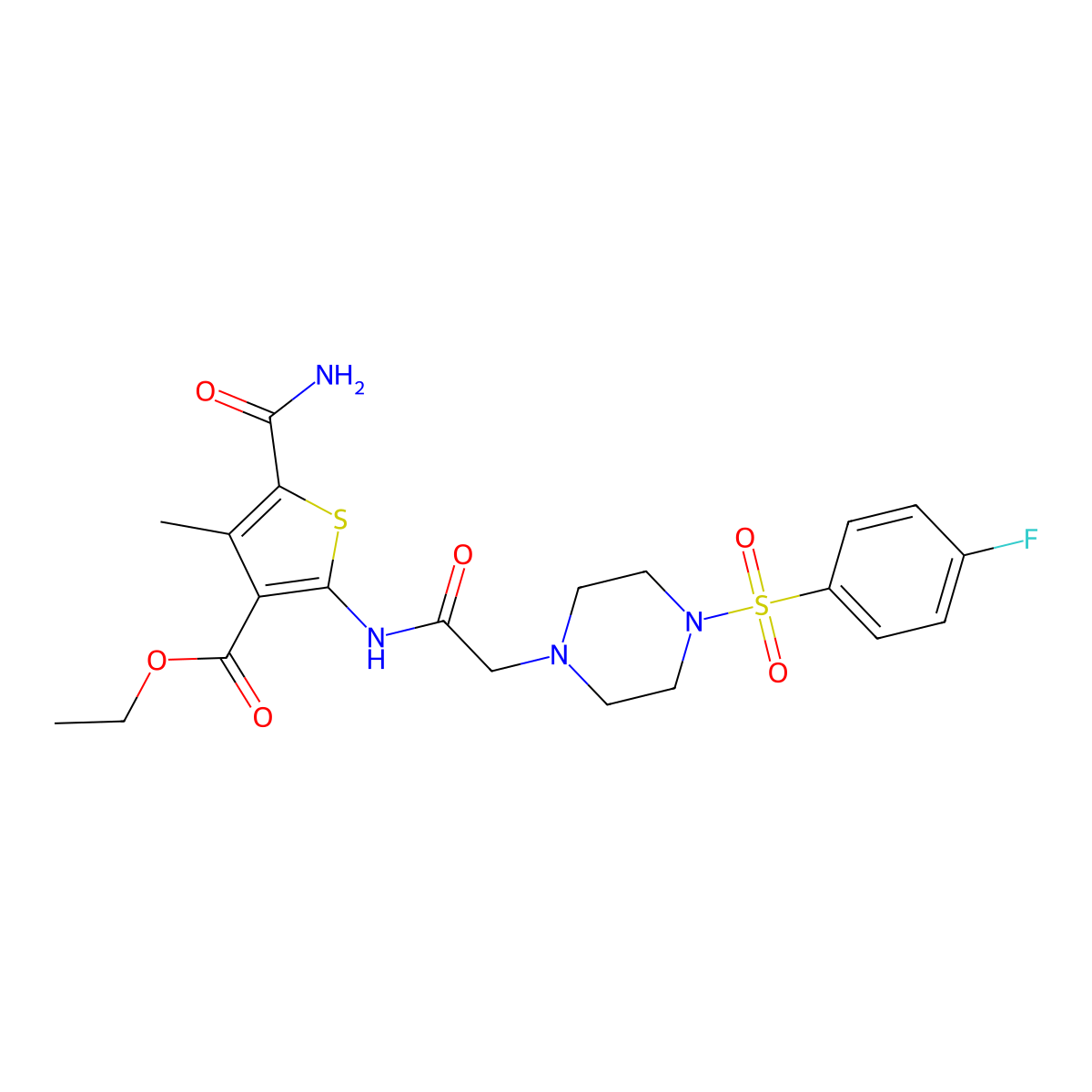 Ethyl 5-carbamoyl-2-[({4-[(4-fluorophenyl)sulfonyl]piperazin-1-yl}acetyl)amino]-4-methylthiophene-3-carboxylate molecular structure, CAS 725216-47-7
