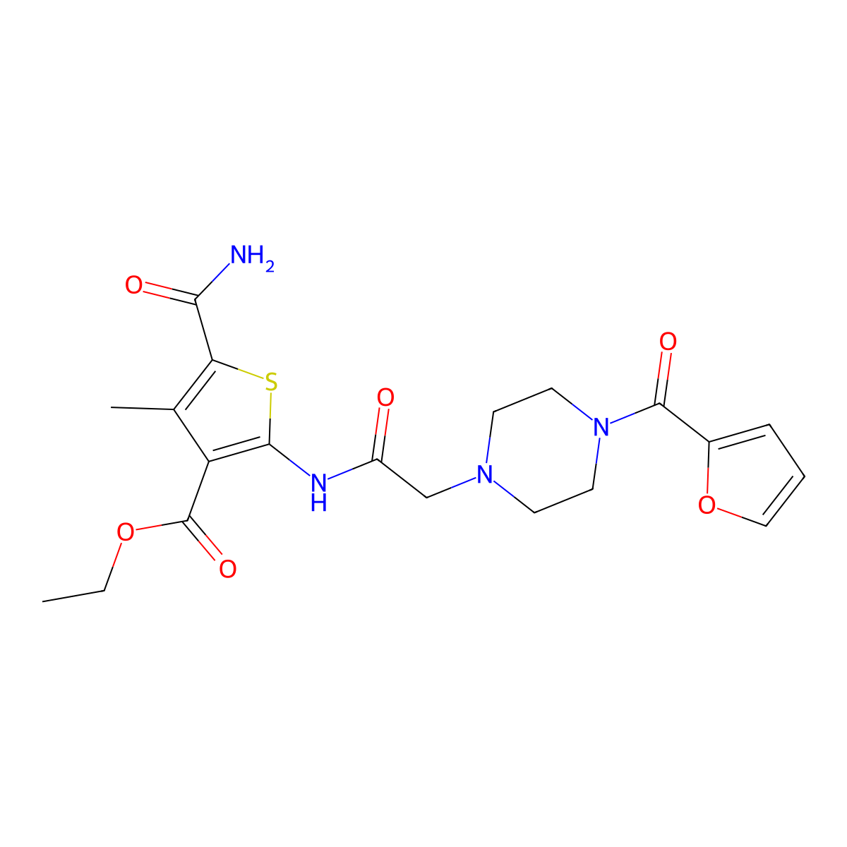 Ethyl 5-carbamoyl-2-[[2-[4-(furan-2-carbonyl)piperazin-1-yl]acetyl]amino]-4-methylthiophene-3-carboxylate molecular structure, CAS 725216-59-1