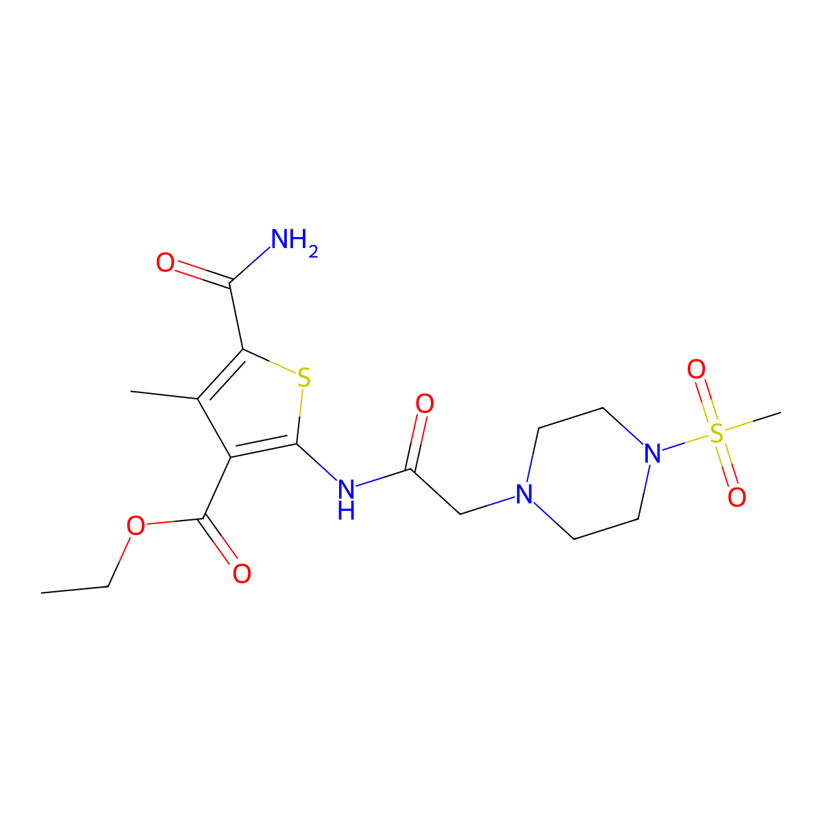 Ethyl 5-carbamoyl-4-methyl-2-({[4-(methylsulfonyl)piperazin-1-yl]acetyl}amino)thiophene-3-carboxylate molecular structure, CAS 725216-65-9