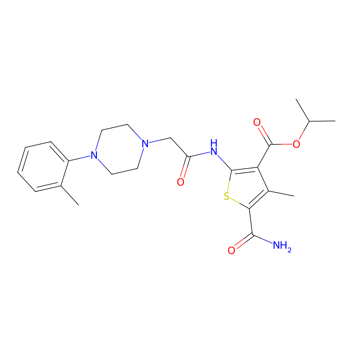 Propan-2-yl 5-carbamoyl-4-methyl-2-({[4-(2-methylphenyl)piperazin-1-yl]acetyl}amino)thiophene-3-carboxylate molecular structure, CAS 725216-73-9