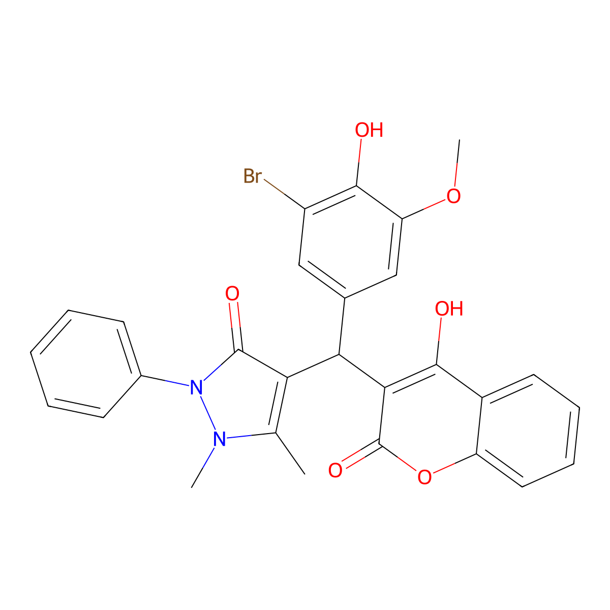 4-((3-bromo-4-hydroxy-5-methoxyphenyl)(4-hydroxy-2-oxo-2H-chromen-3-yl)methyl)-1,5-dimethyl-2-phenyl-1H-pyrazol-3(2H)-one molecular structure, CAS 725217-04-9