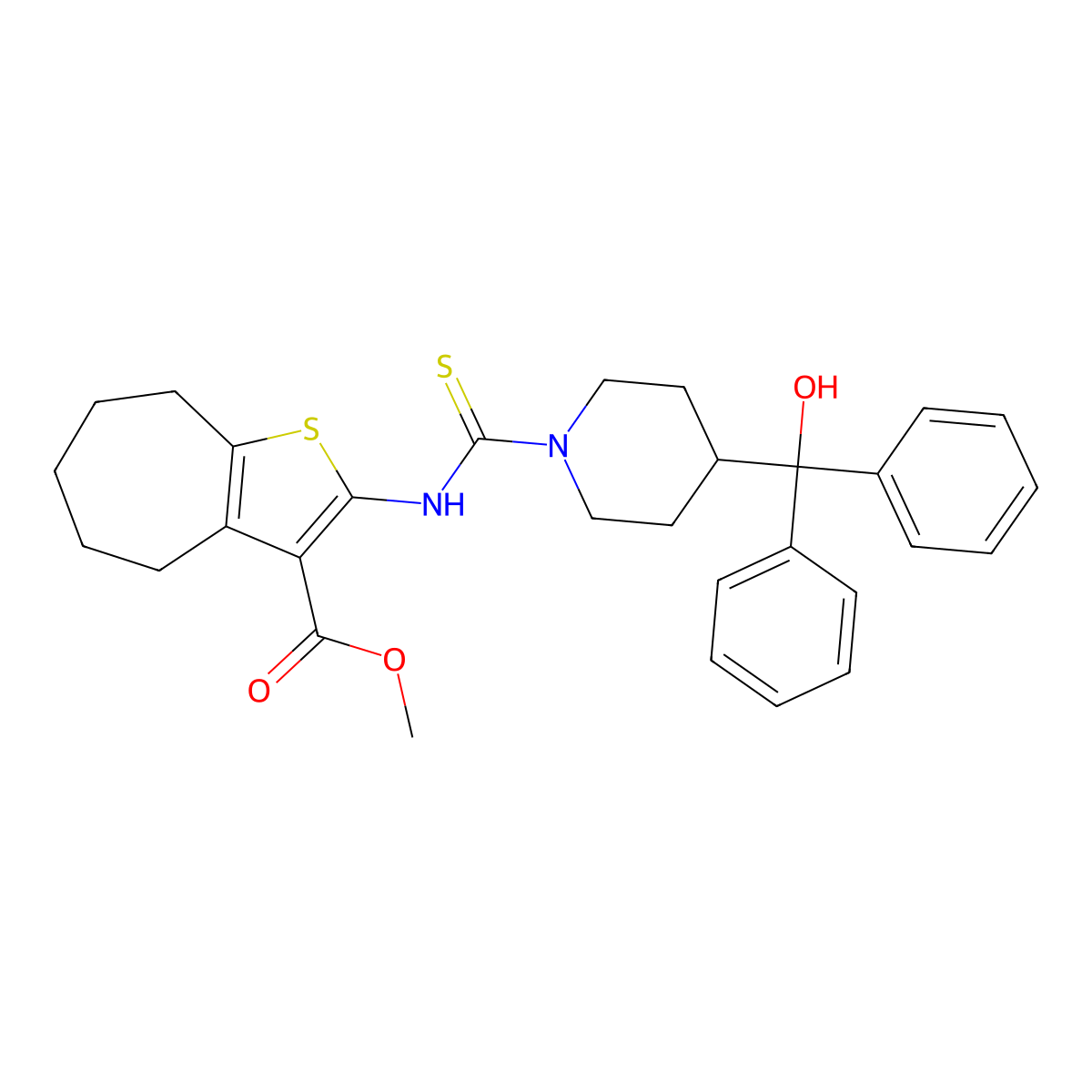methyl 2-[({4-[hydroxy(diphenyl)methyl]piperidin-1-yl}carbonothioyl)amino]-5,6,7,8-tetrahydro-4H-cyclohepta[b]thiophene-3-carboxylate molecular structure, CAS 725218-45-1