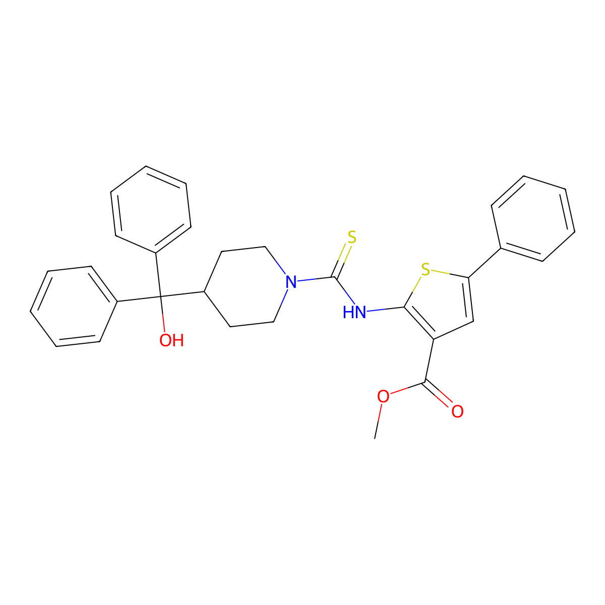 Methyl 2-[({4-[hydroxy(diphenyl)methyl]piperidin-1-yl}carbonothioyl)amino]-5-phenylthiophene-3-carboxylate molecular structure, CAS 725218-47-3