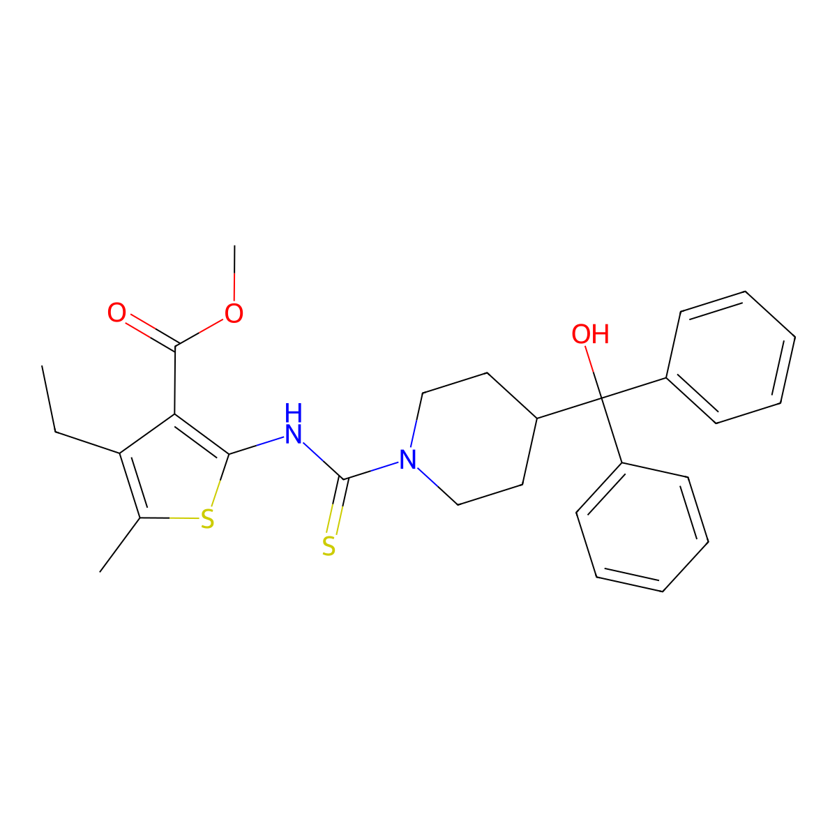 Methyl 4-ethyl-2-[({4-[hydroxy(diphenyl)methyl]piperidin-1-yl}carbonothioyl)amino]-5-methylthiophene-3-carboxylate molecular structure, CAS 725218-61-1