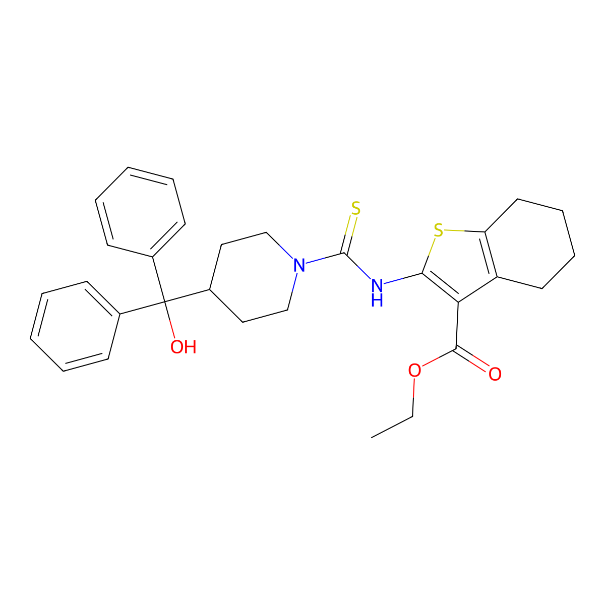 Ethyl 2-[({4-[hydroxy(diphenyl)methyl]piperidin-1-yl}carbonothioyl)amino]-4,5,6,7-tetrahydro-1-benzothiophene-3-carboxylate molecular structure, CAS 725218-67-7