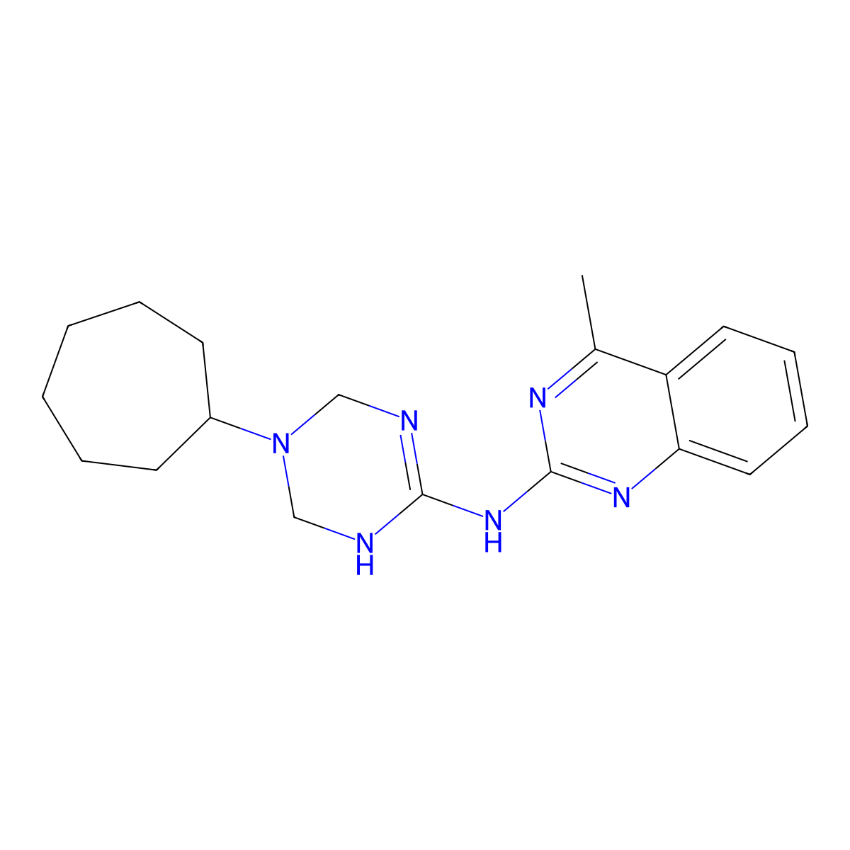 N-(5-cycloheptyl-1,4,5,6-tetrahydro-1,3,5-triazin-2-yl)-4-methylquinazolin-2-amine molecular structure, CAS 725218-92-8