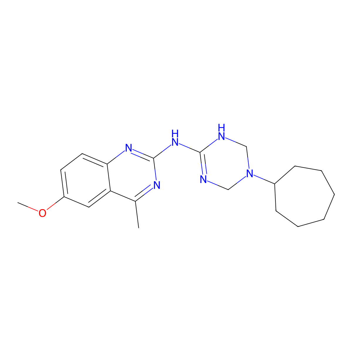 N-(5-cycloheptyl-1,4,5,6-tetrahydro-1,3,5-triazin-2-yl)-6-methoxy-4-methylquinazolin-2-amine molecular structure, CAS 725218-94-0