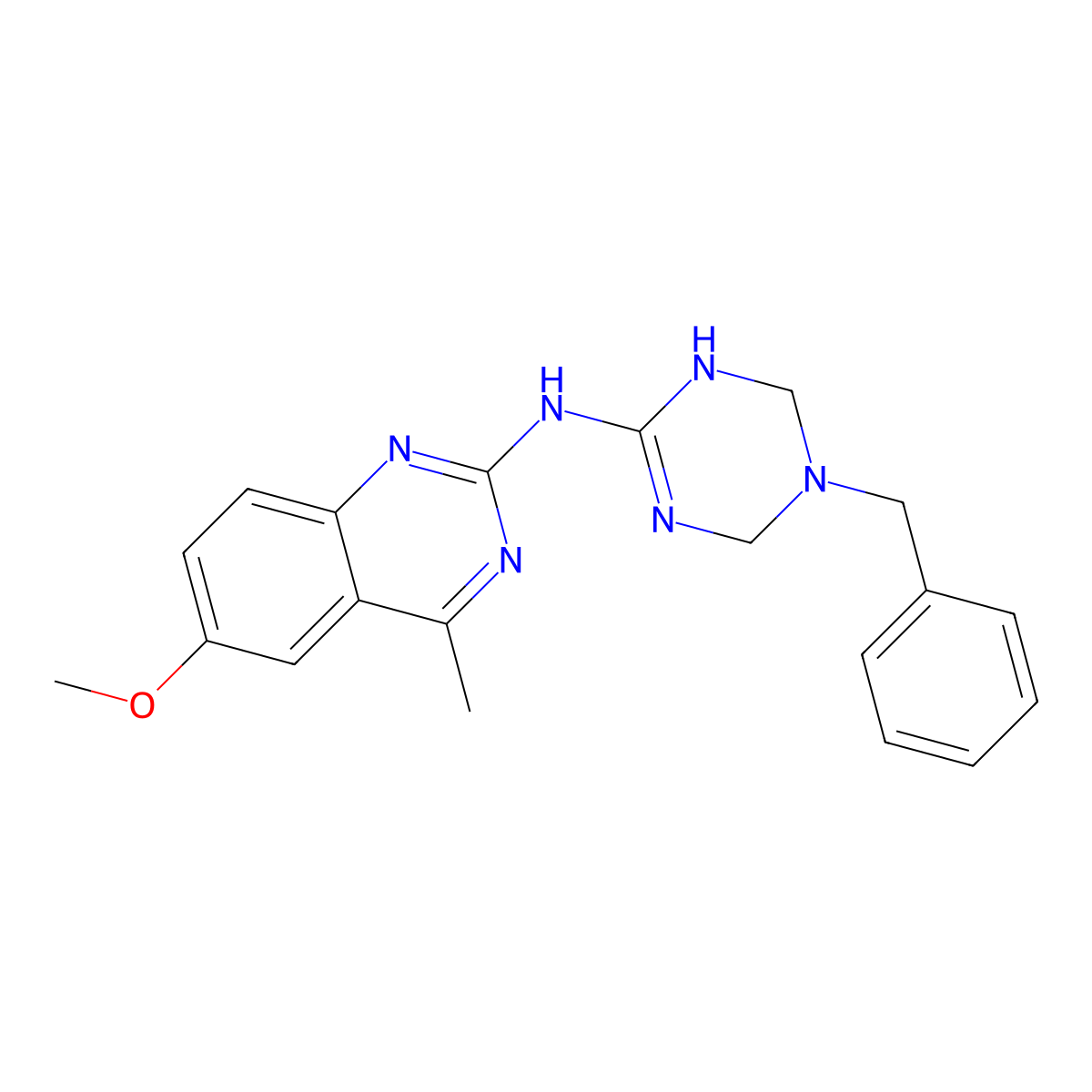 N-(5-benzyl-1,4,5,6-tetrahydro-1,3,5-triazin-2-yl)-6-methoxy-4-methylquinazolin-2-amine molecular structure, CAS 725218-96-2