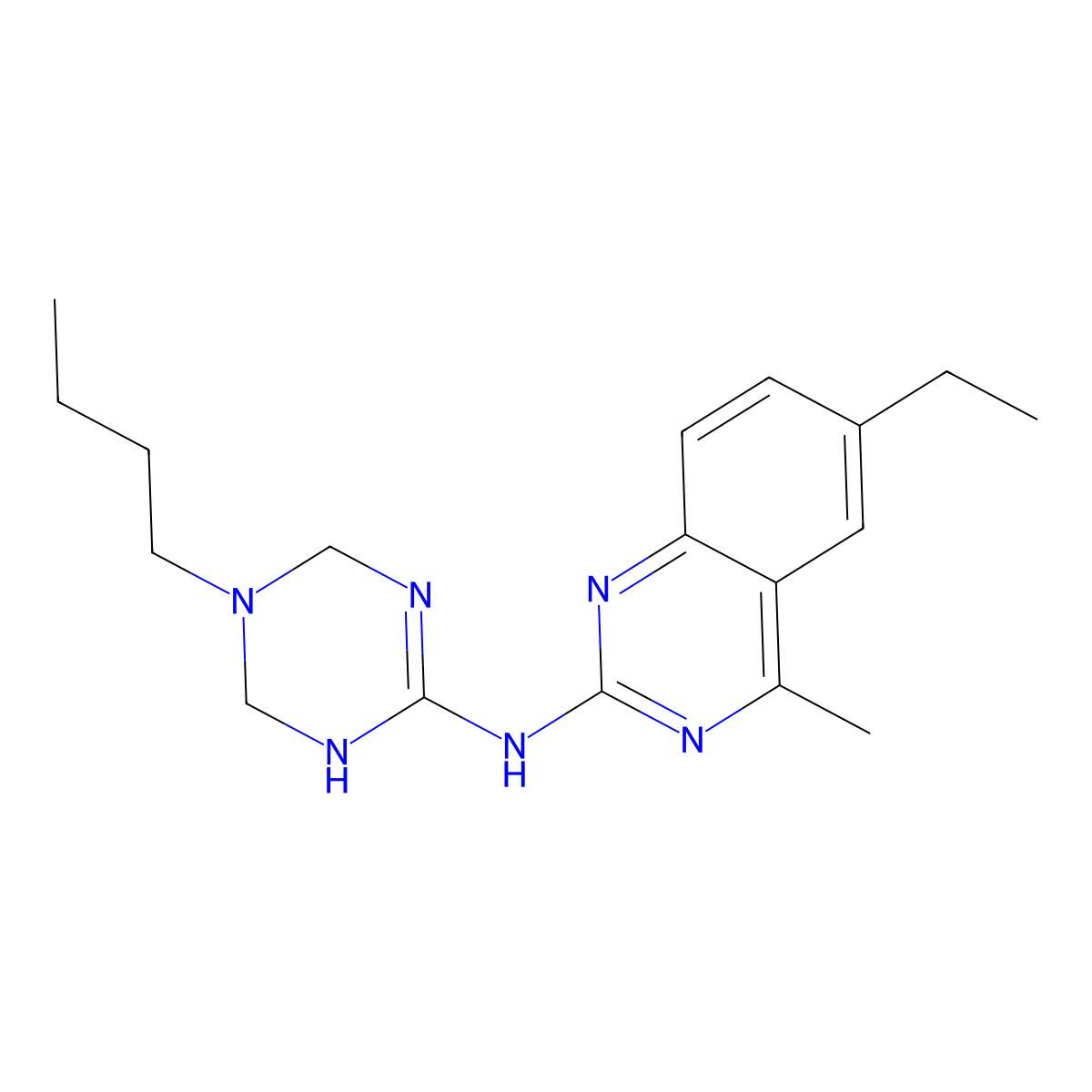 N-(5-butyl-1,4,5,6-tetrahydro-1,3,5-triazin-2-yl)-6-ethyl-4-methylquinazolin-2-amine molecular structure, CAS 725219-00-1