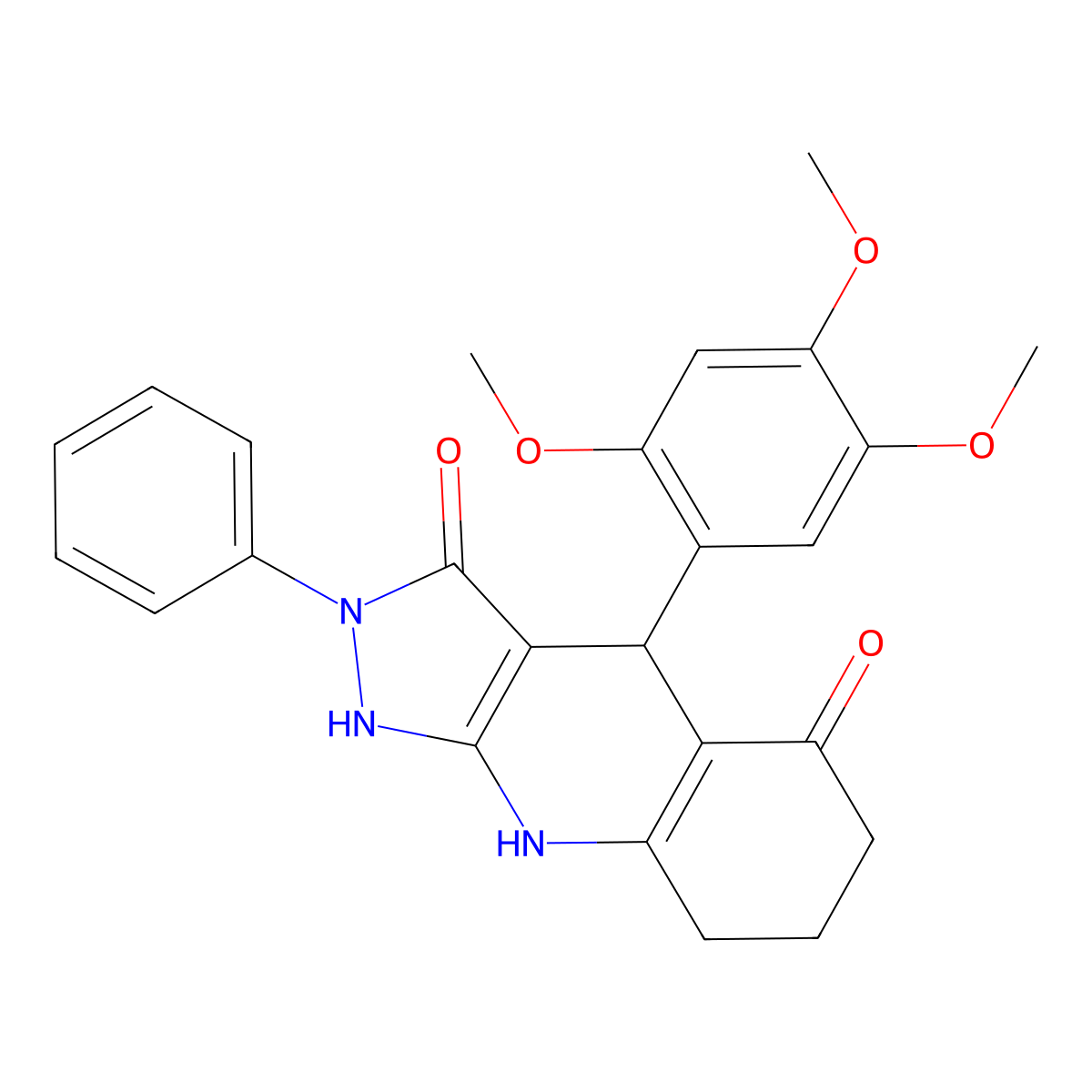 3-hydroxy-2-phenyl-4-(2,4,5-trimethoxyphenyl)-2,4,6,7,8,9-hexahydro-5H-pyrazolo[3,4-b]quinolin-5-one molecular structure, CAS 725219-29-4