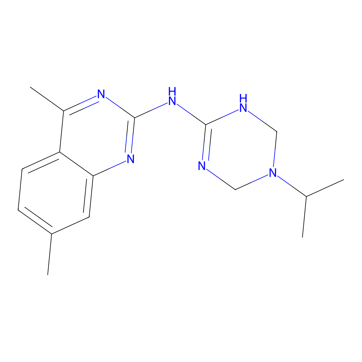 4,7-dimethyl-N-[5-(propan-2-yl)-1,4,5,6-tetrahydro-1,3,5-triazin-2-yl]quinazolin-2-amine molecular structure, CAS 725219-44-3