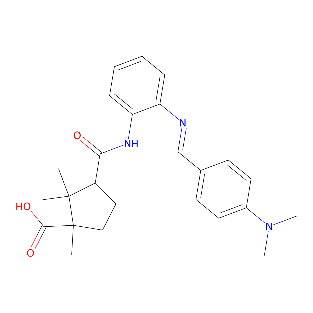 (E)-3-((2-((4-(dimethylamino)benzylidene)amino)phenyl)carbamoyl)-1,2,2-trimethylcyclopentanecarboxylic acid molecular structure, CAS 725219-51-2