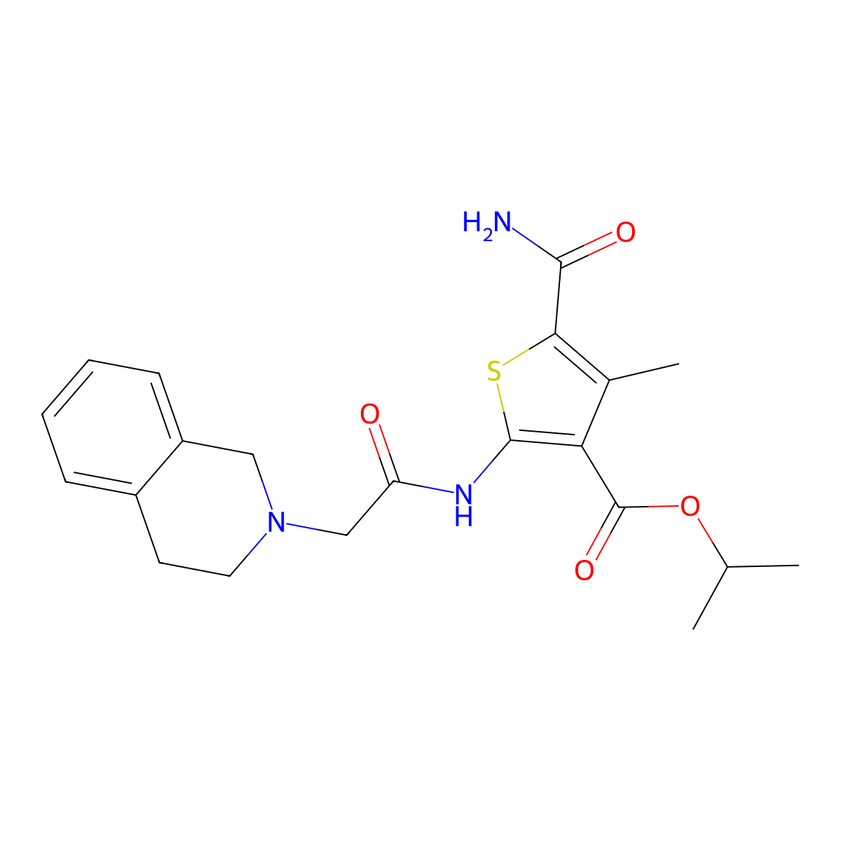 propan-2-yl 5-carbamoyl-2-[(3,4-dihydroisoquinolin-2(1H)-ylacetyl)amino]-4-methylthiophene-3-carboxylate molecular structure, CAS 725220-91-7