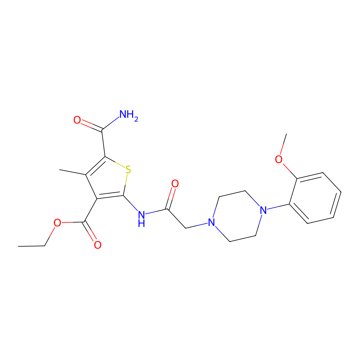 Ethyl 5-carbamoyl-2-({[4-(2-methoxyphenyl)piperazin-1-yl]acetyl}amino)-4-methylthiophene-3-carboxylate molecular structure, CAS 725220-98-4