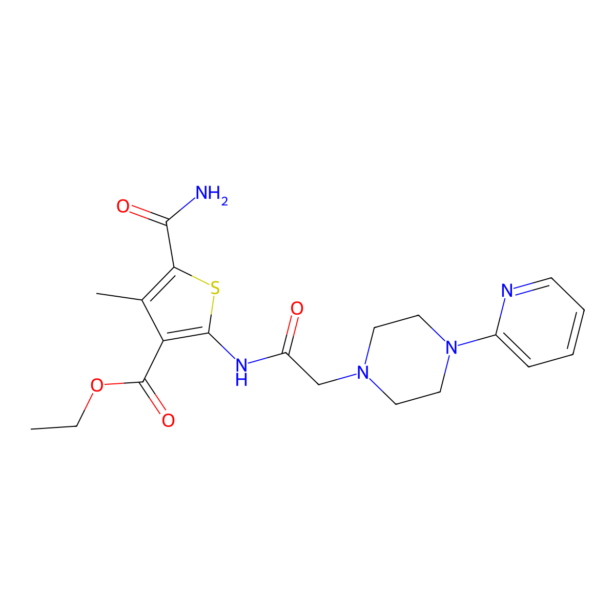 Ethyl 5-carbamoyl-4-methyl-2-({[4-(pyridin-2-yl)piperazin-1-yl]acetyl}amino)thiophene-3-carboxylate molecular structure, CAS 725221-05-6